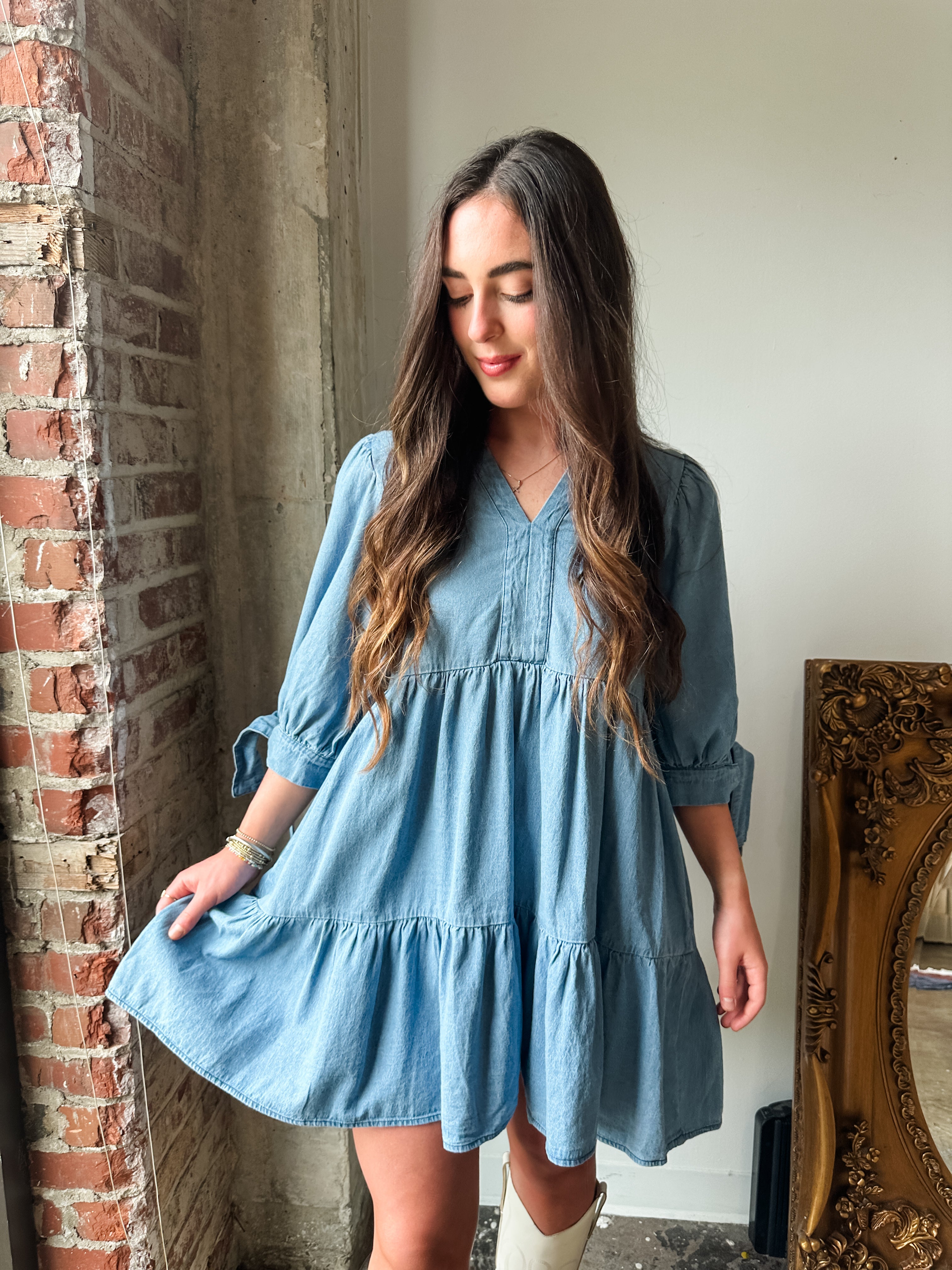 Tiered Denim Tie Sleeve Dress