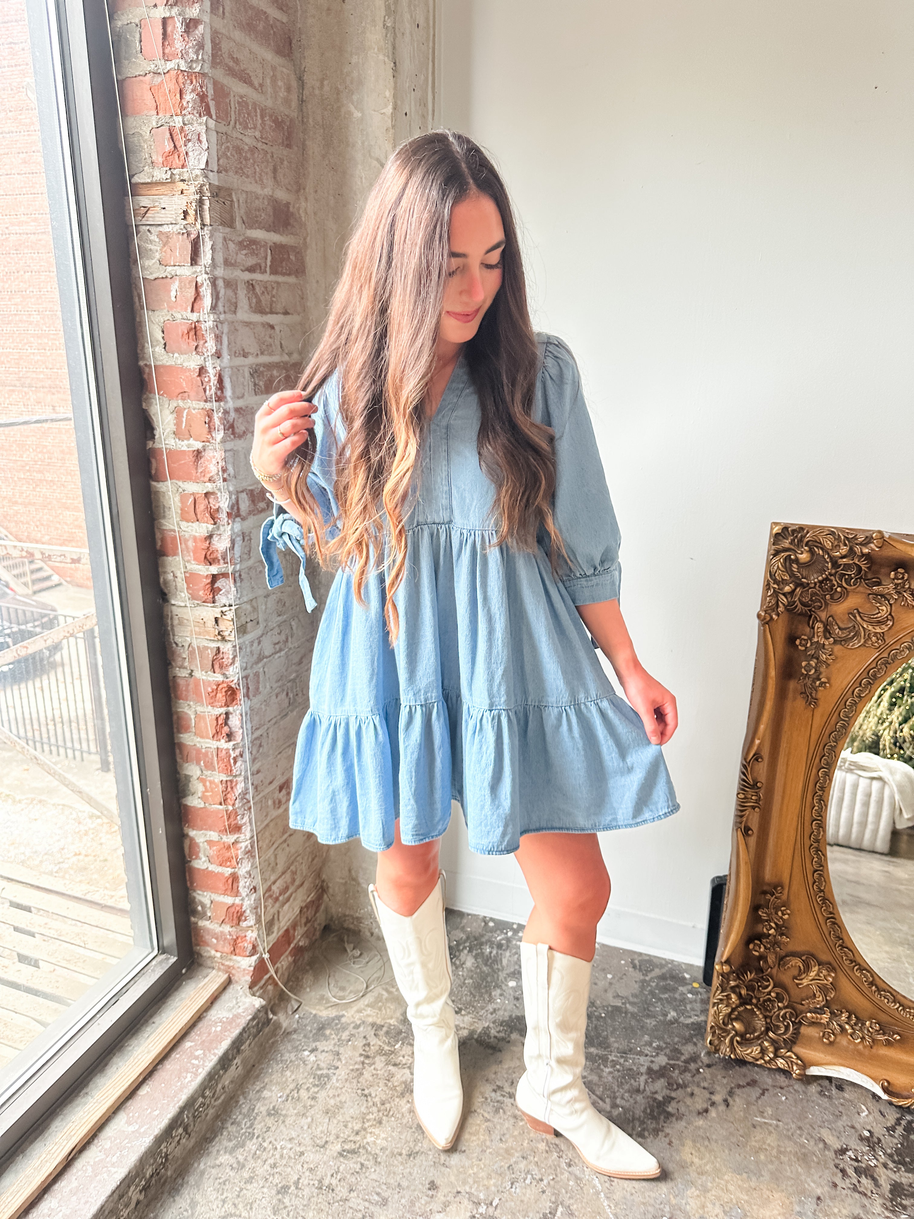 Tiered Denim Tie Sleeve Dress