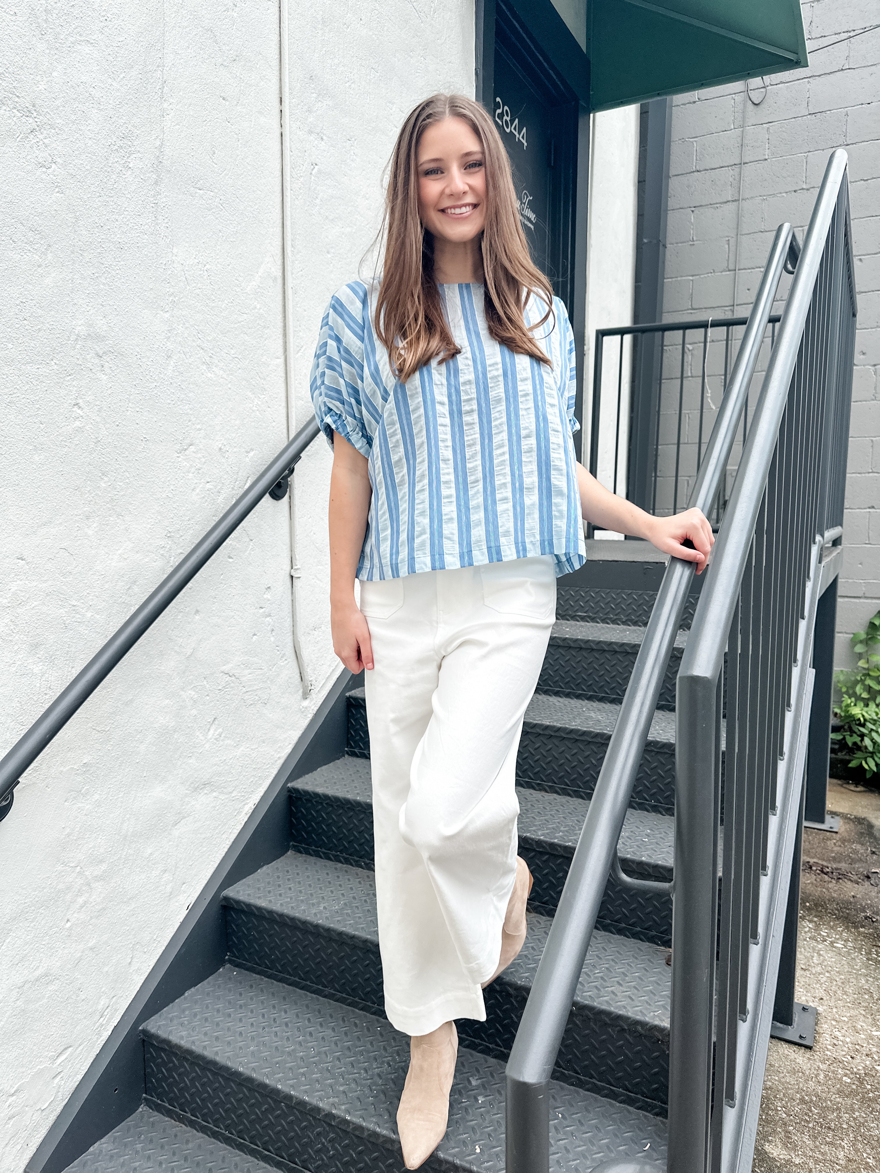 Seersucker Stripe Elastic Sleeve Top