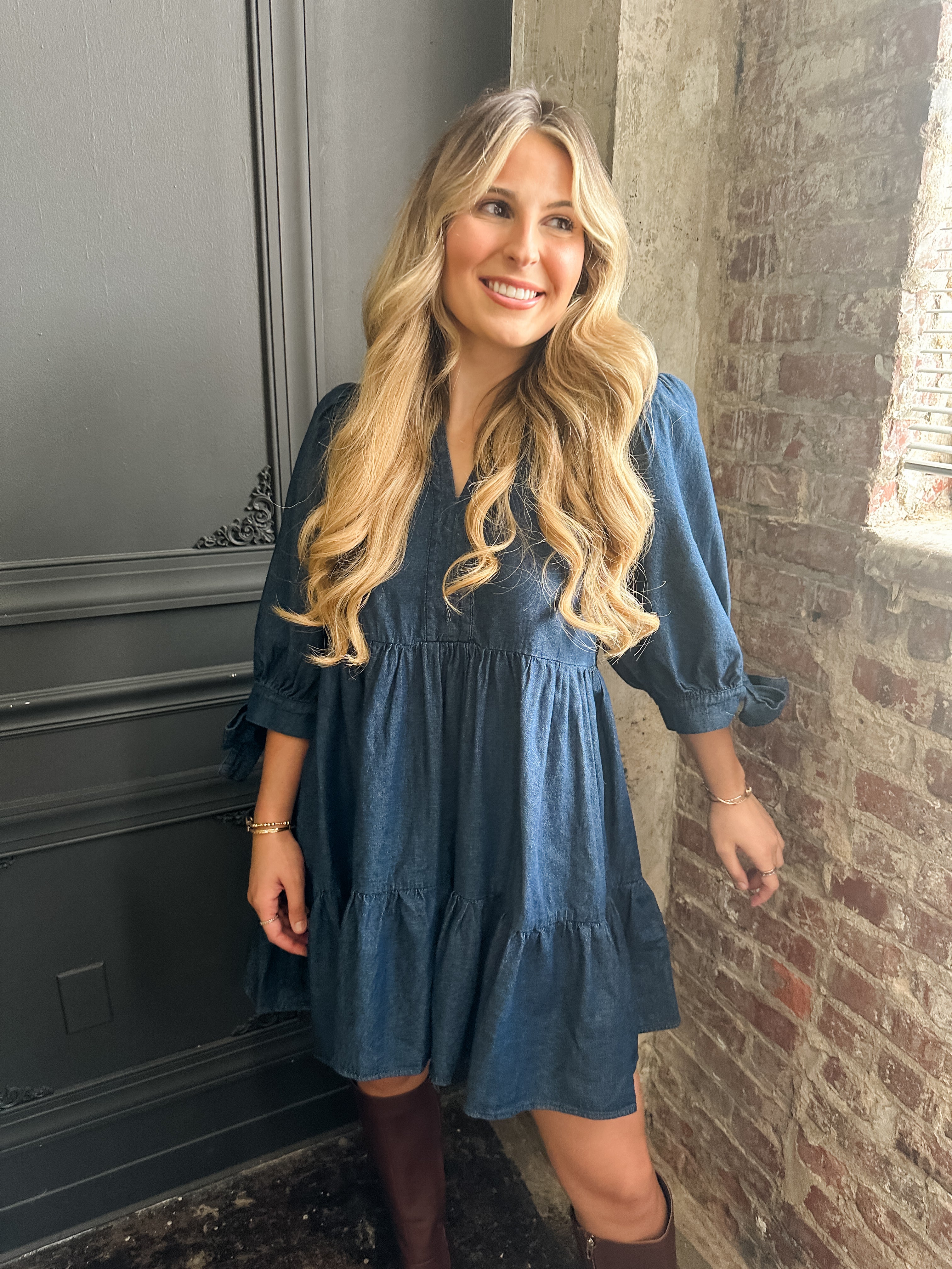 Tiered Denim Tie Sleeve Dress