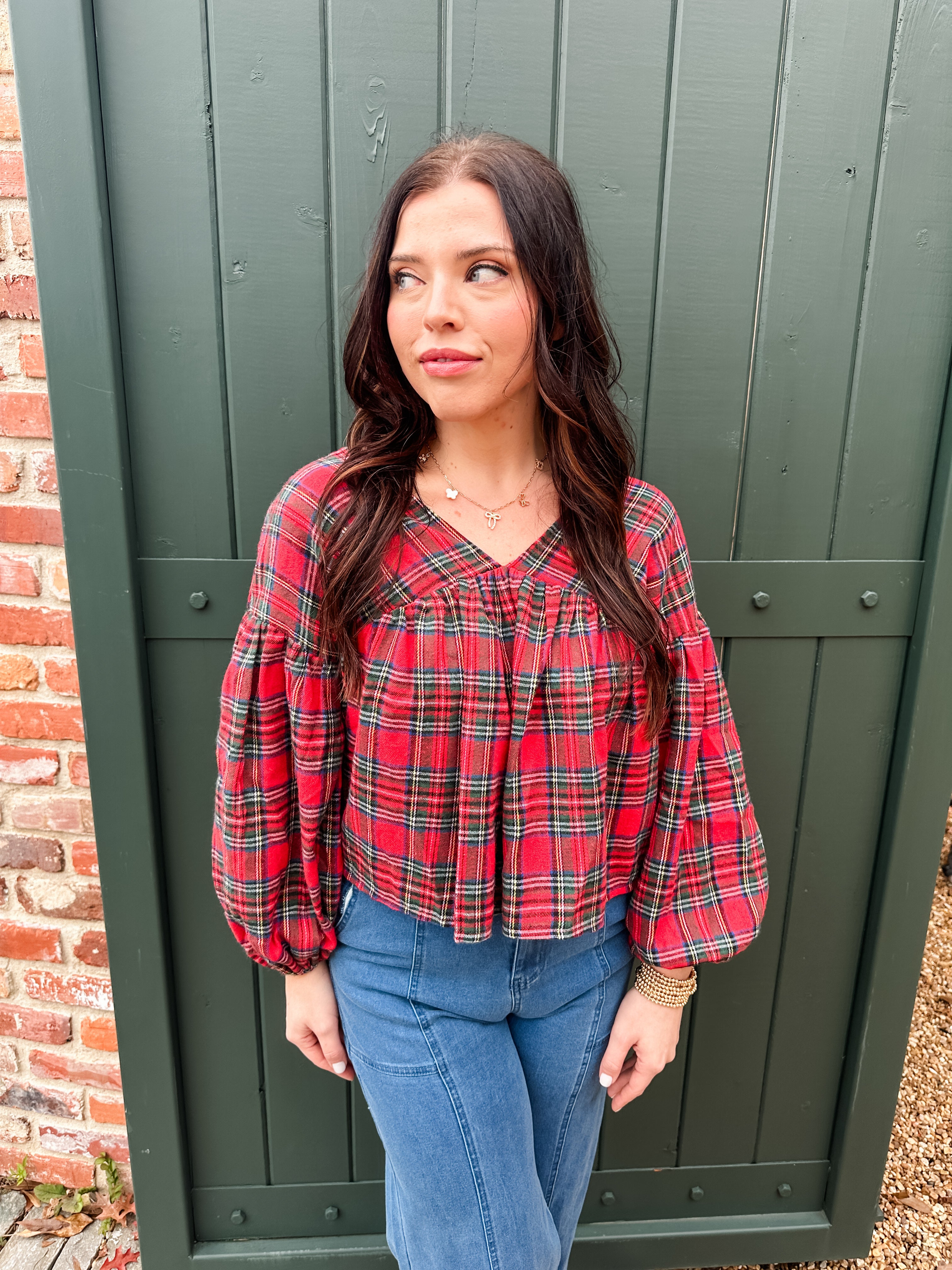 Plaid V-neck Top