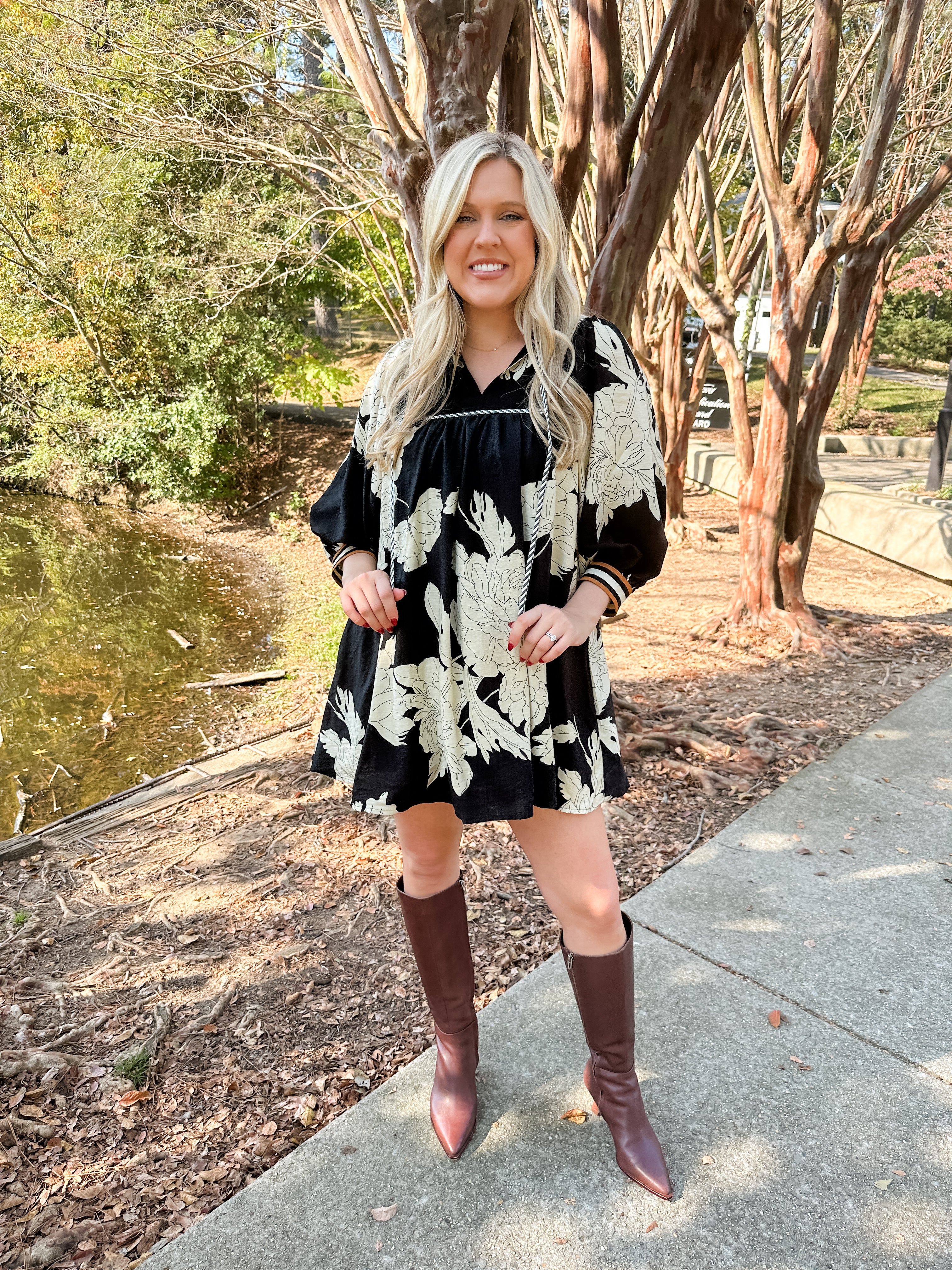 Stripe Piping Floral Dress