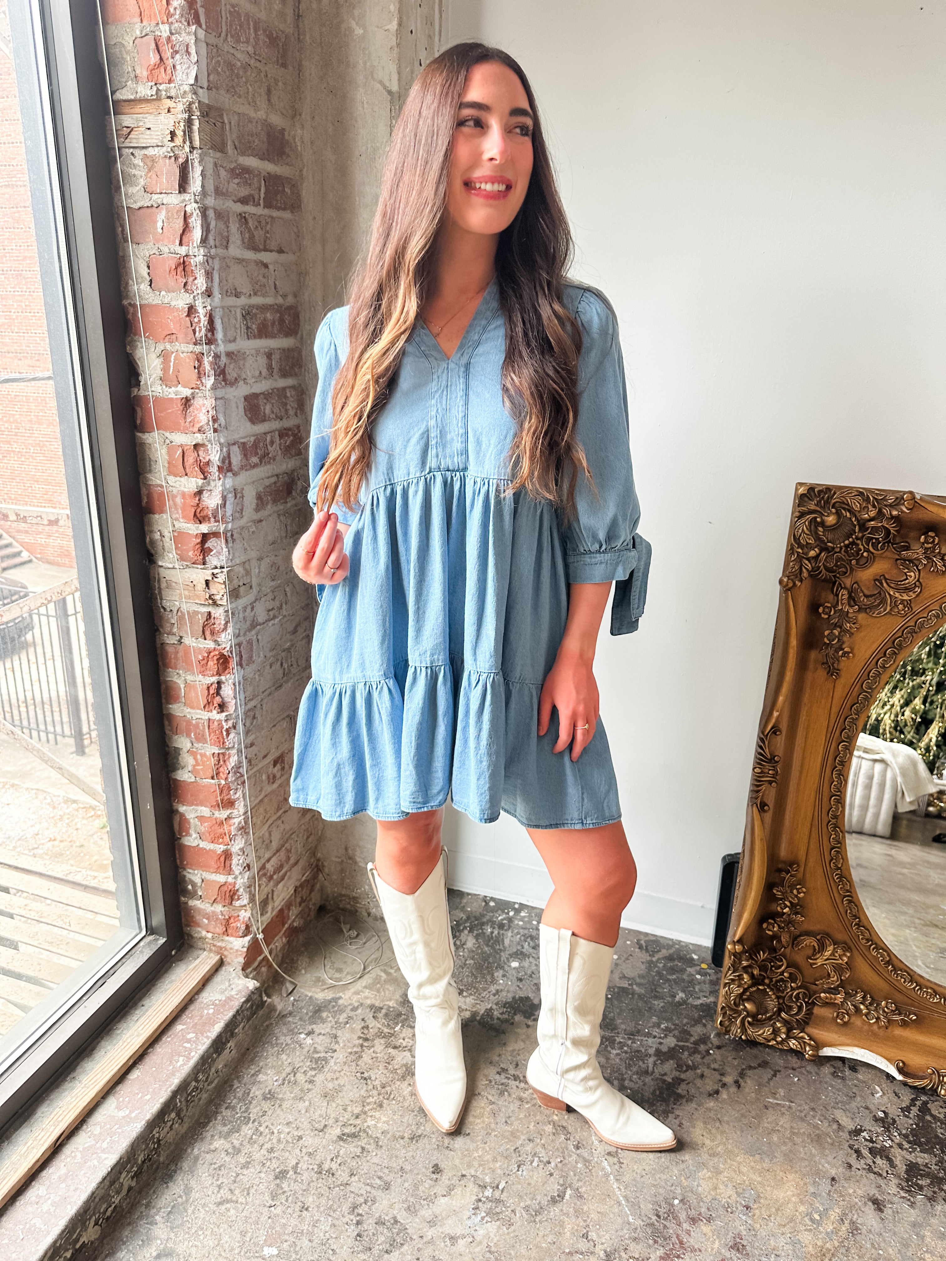 Tiered Denim Tie Sleeve Dress