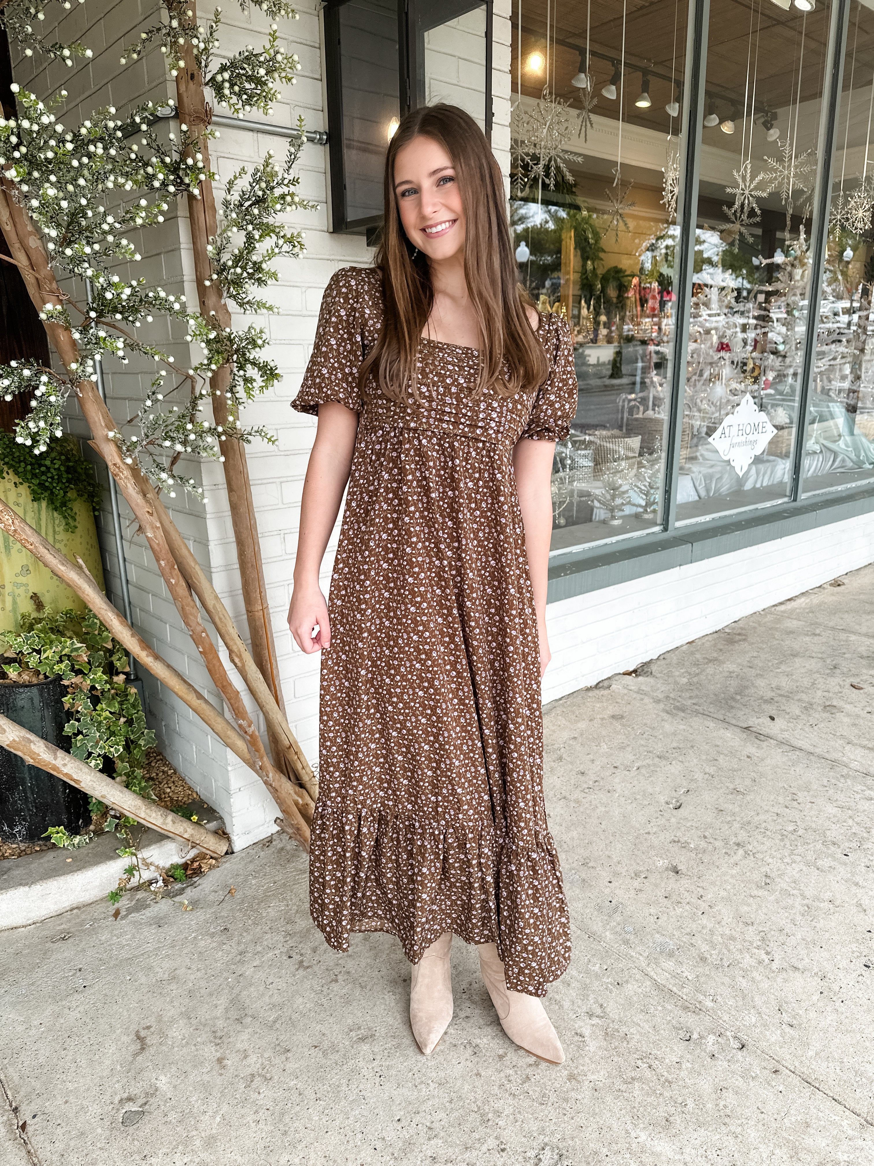 Brown Tiny Floral Midi Dress