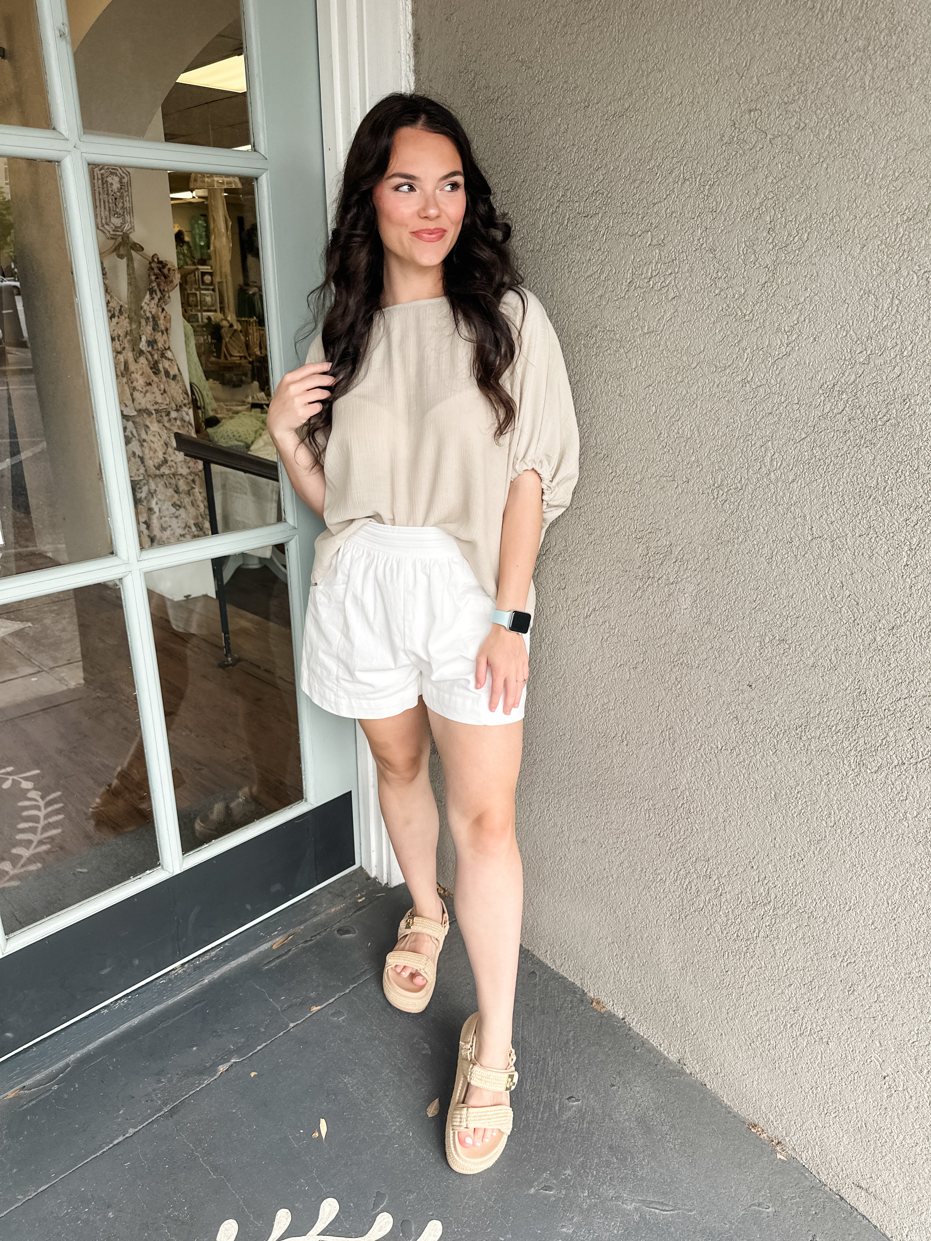 Textured Elastic Puff Sleeve Top