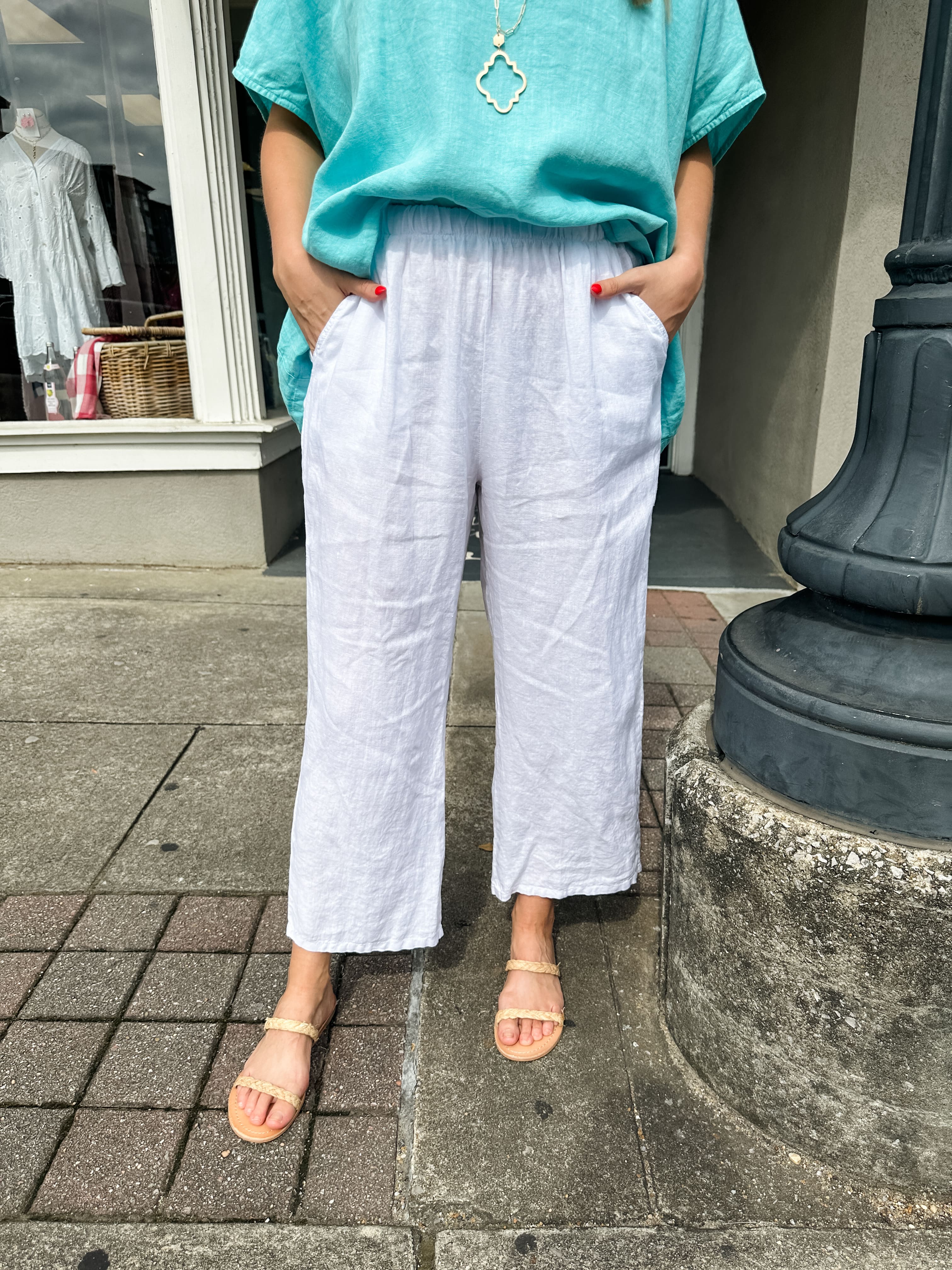 Crop Elastic Waist Linen Pant