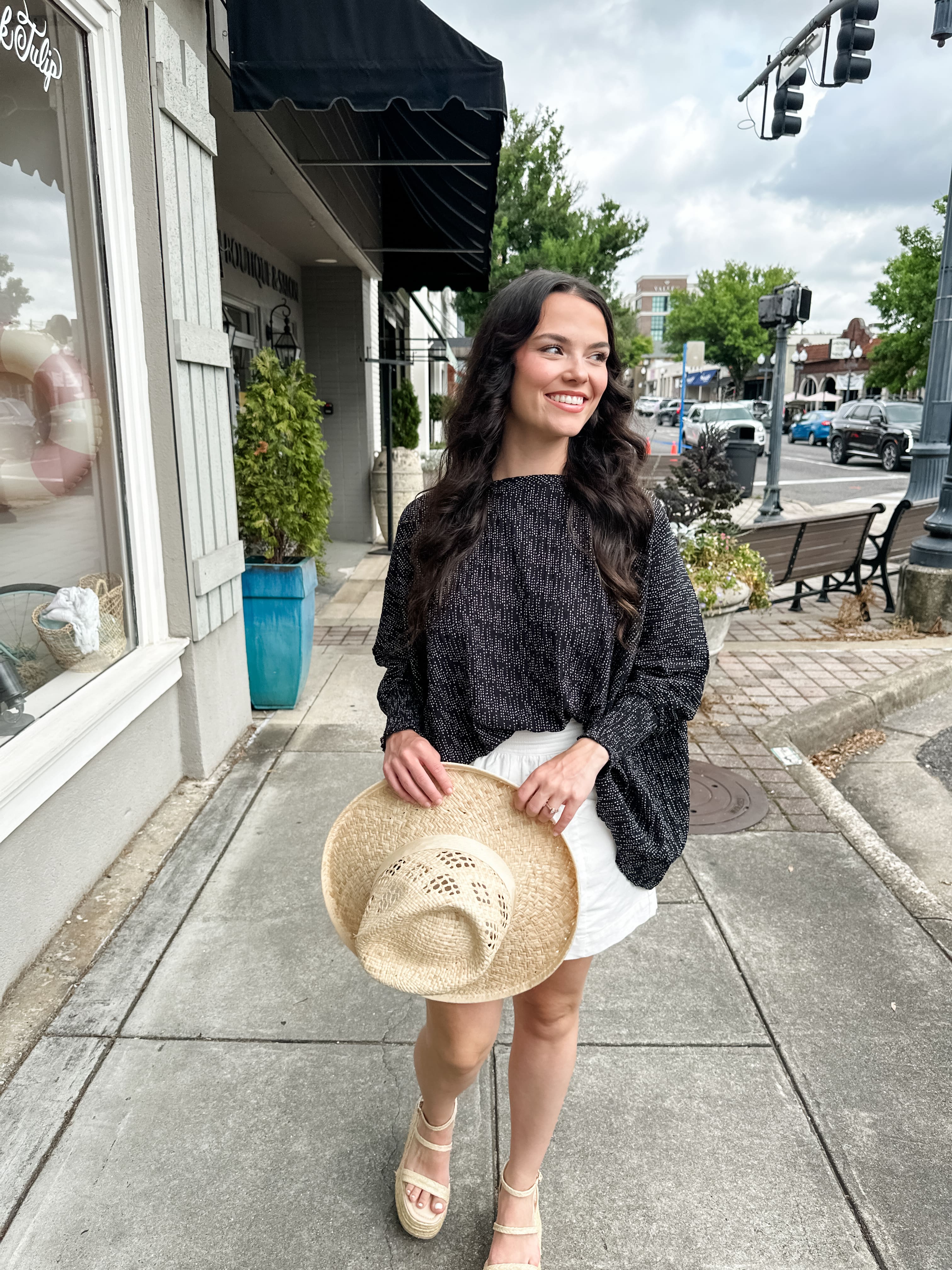 Dot Smocked Cuff Top