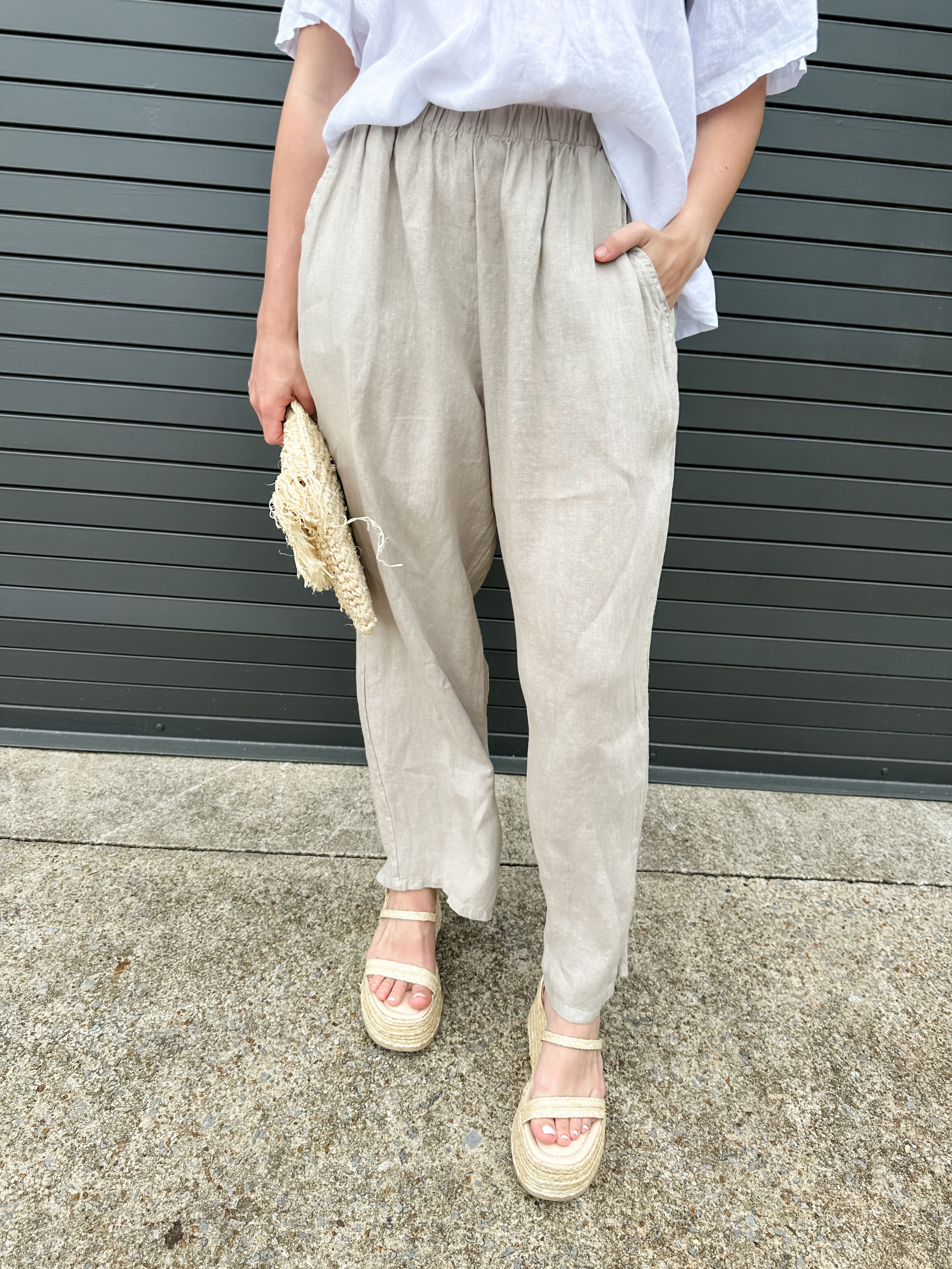 Crop Elastic Waist Linen Pant