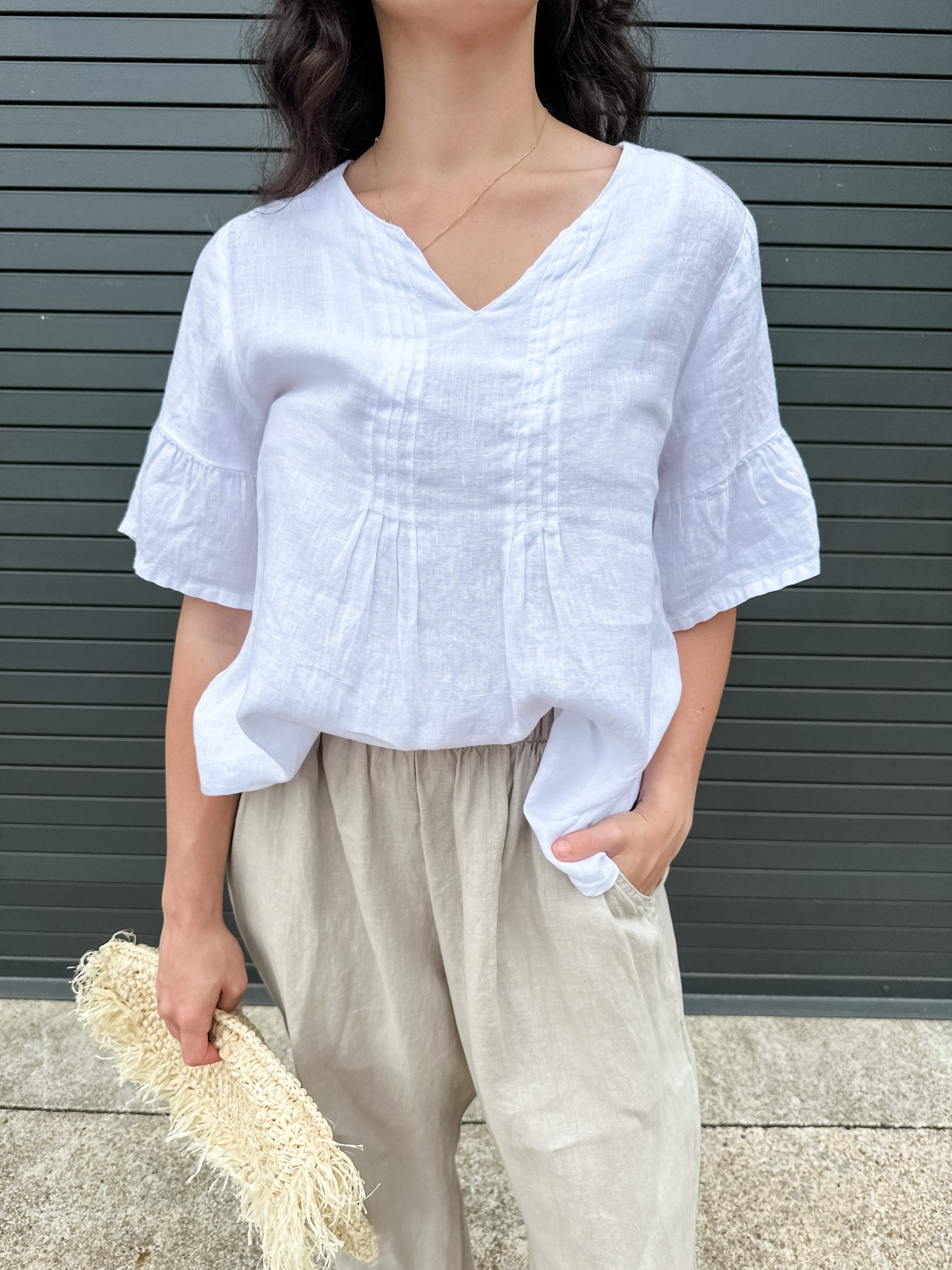 Tucked Ruffle Linen Top