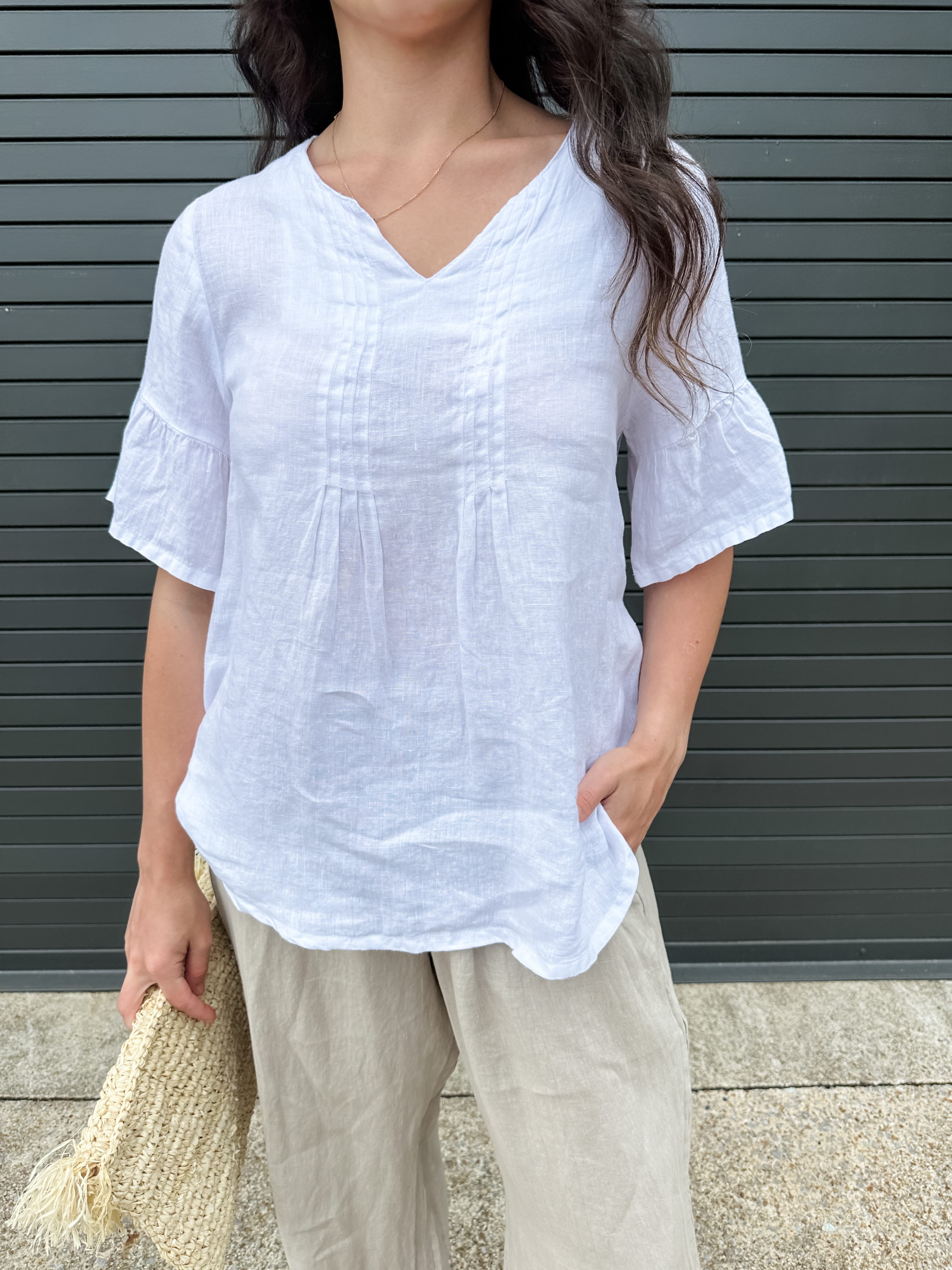 Tucked Ruffle Linen Top