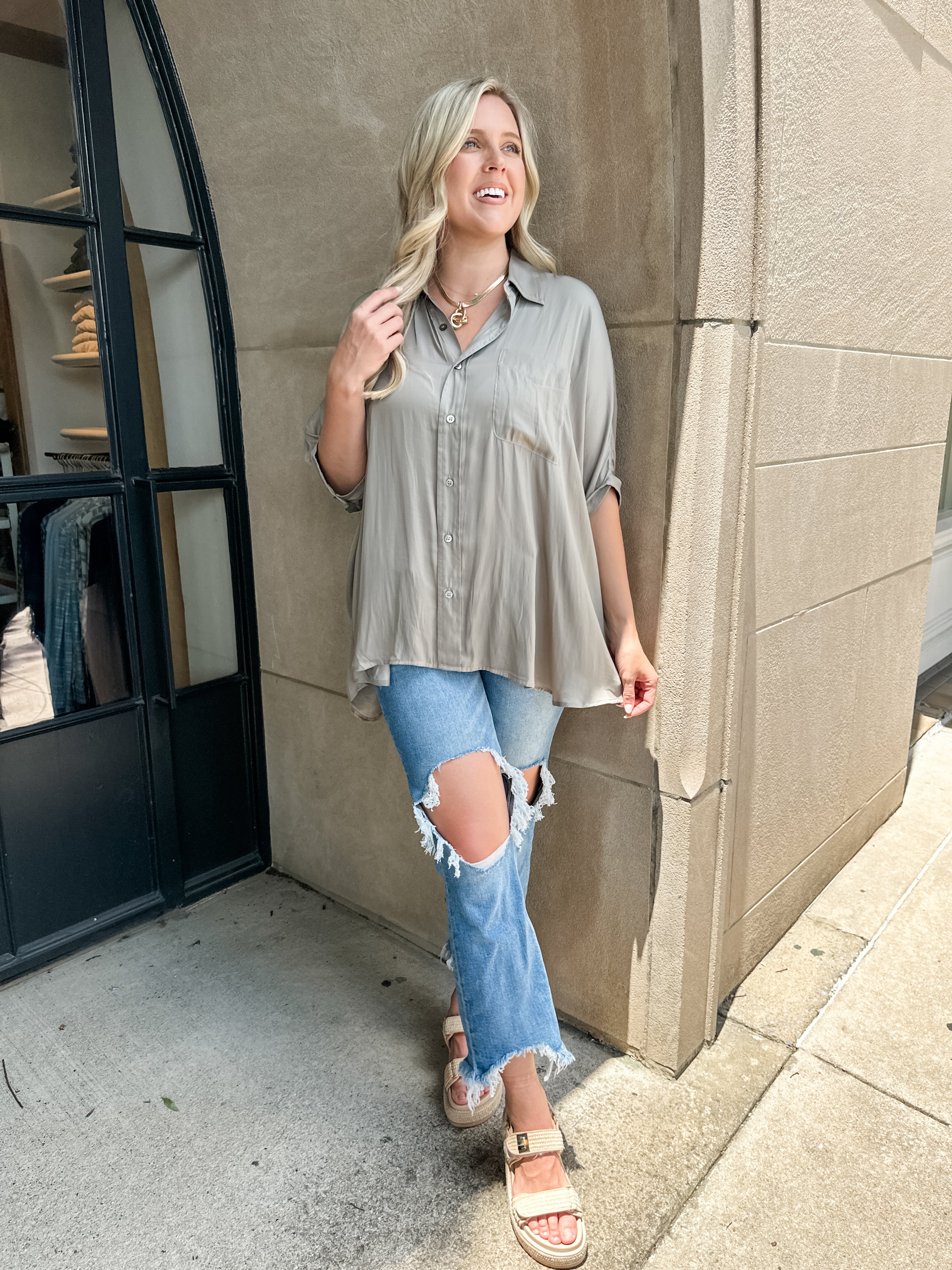 One Pocket Silky Button Down Top