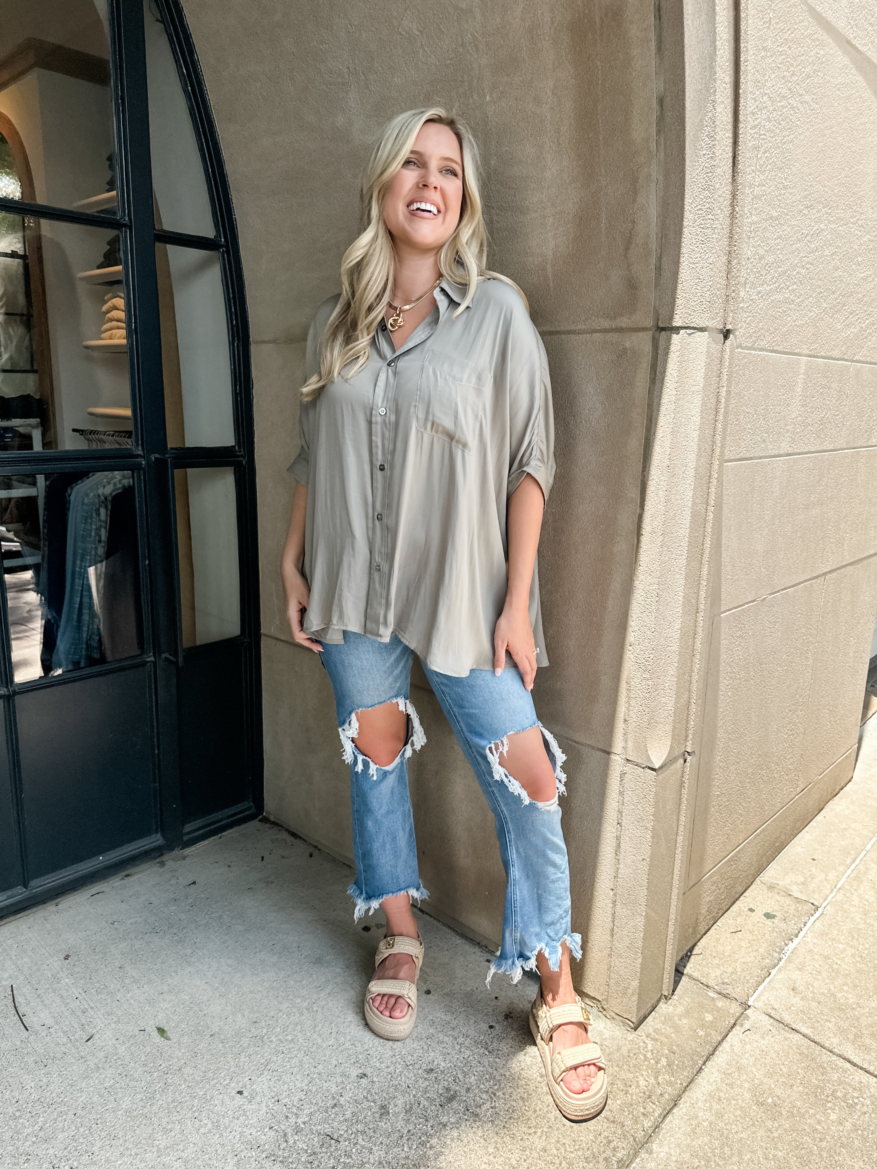 One Pocket Silky Button Down Top