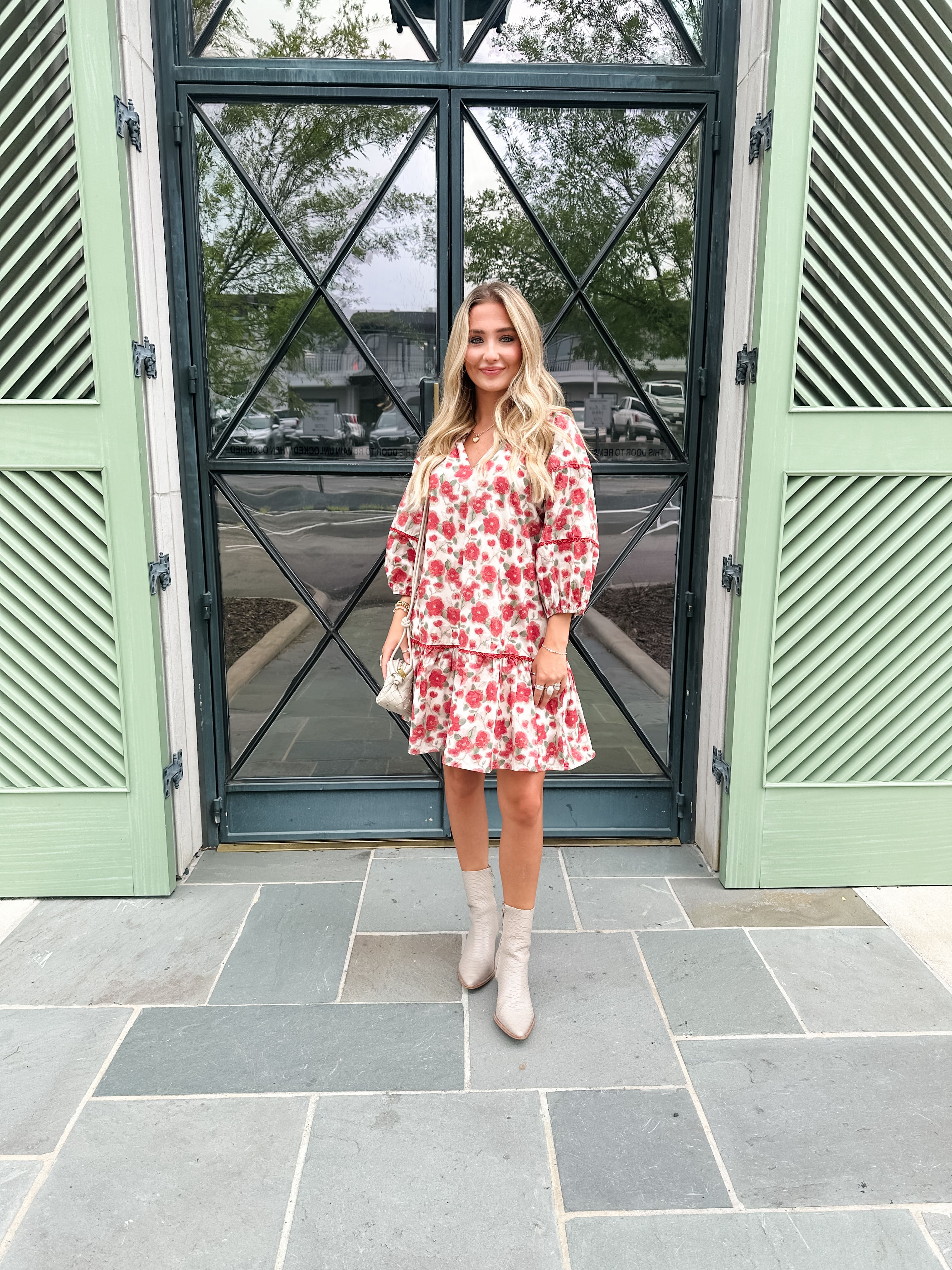 Red Floral Bubble Sleeve Dress