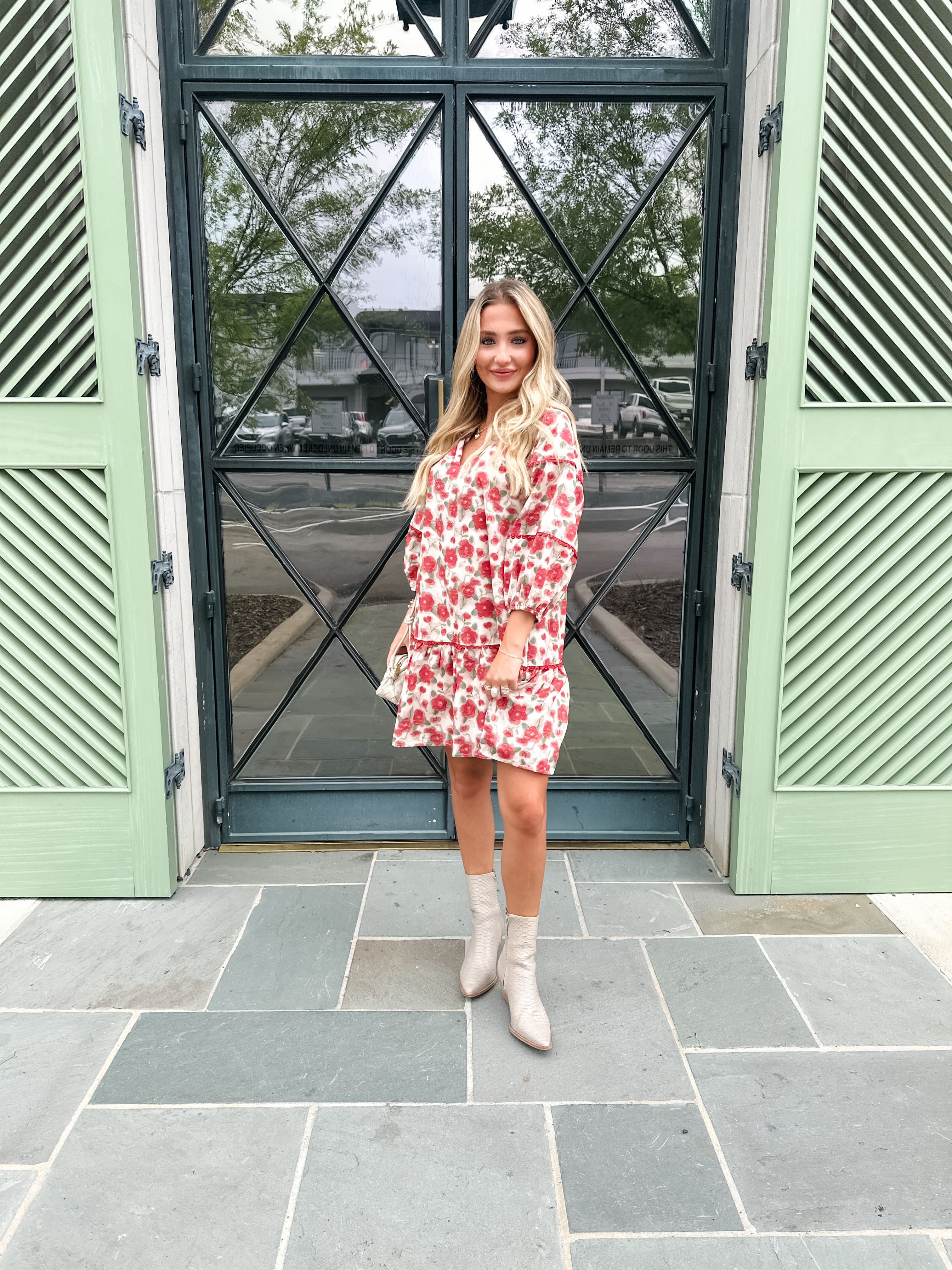 Red Floral Bubble Sleeve Dress