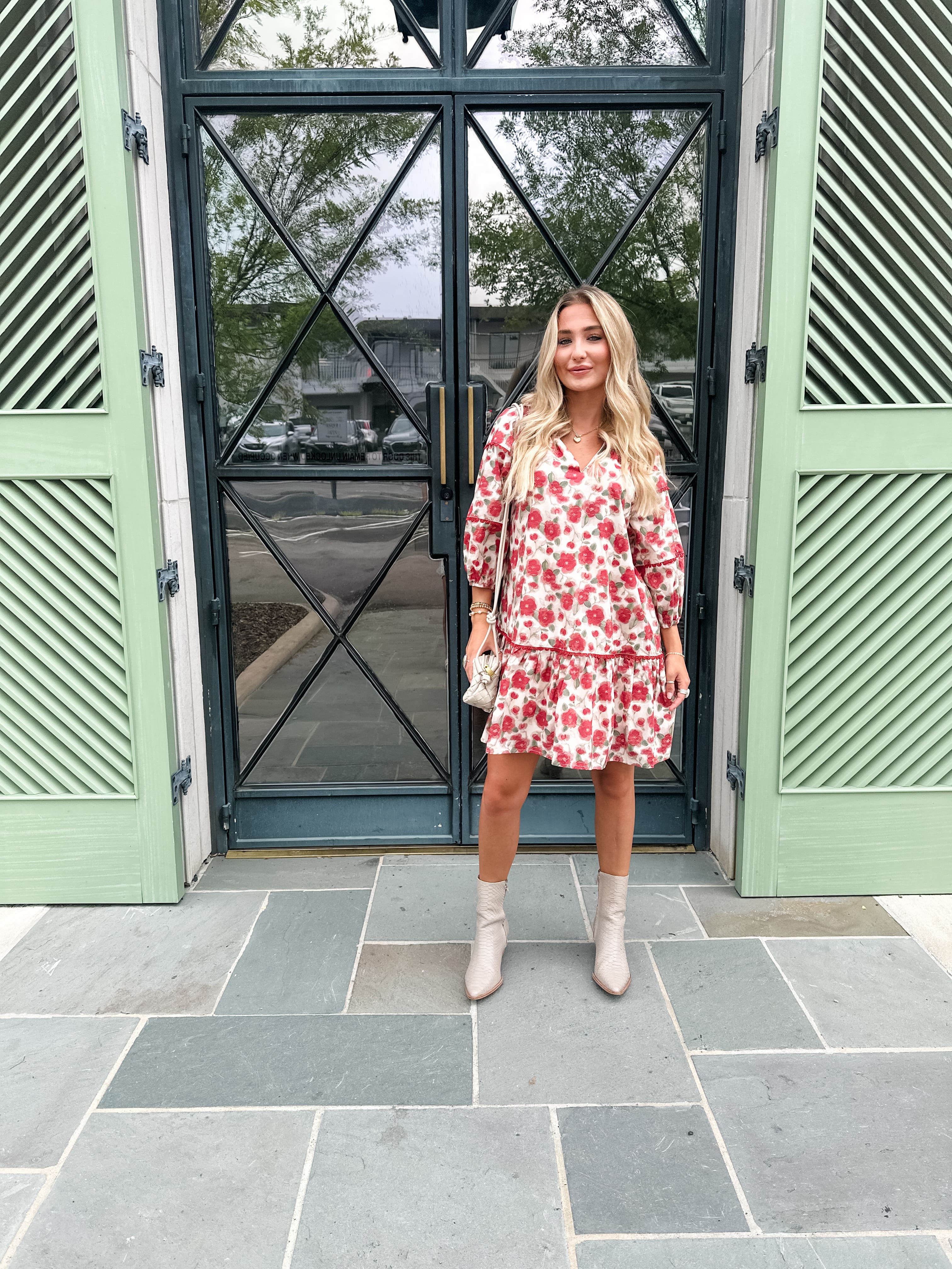 Red Floral Bubble Sleeve Dress