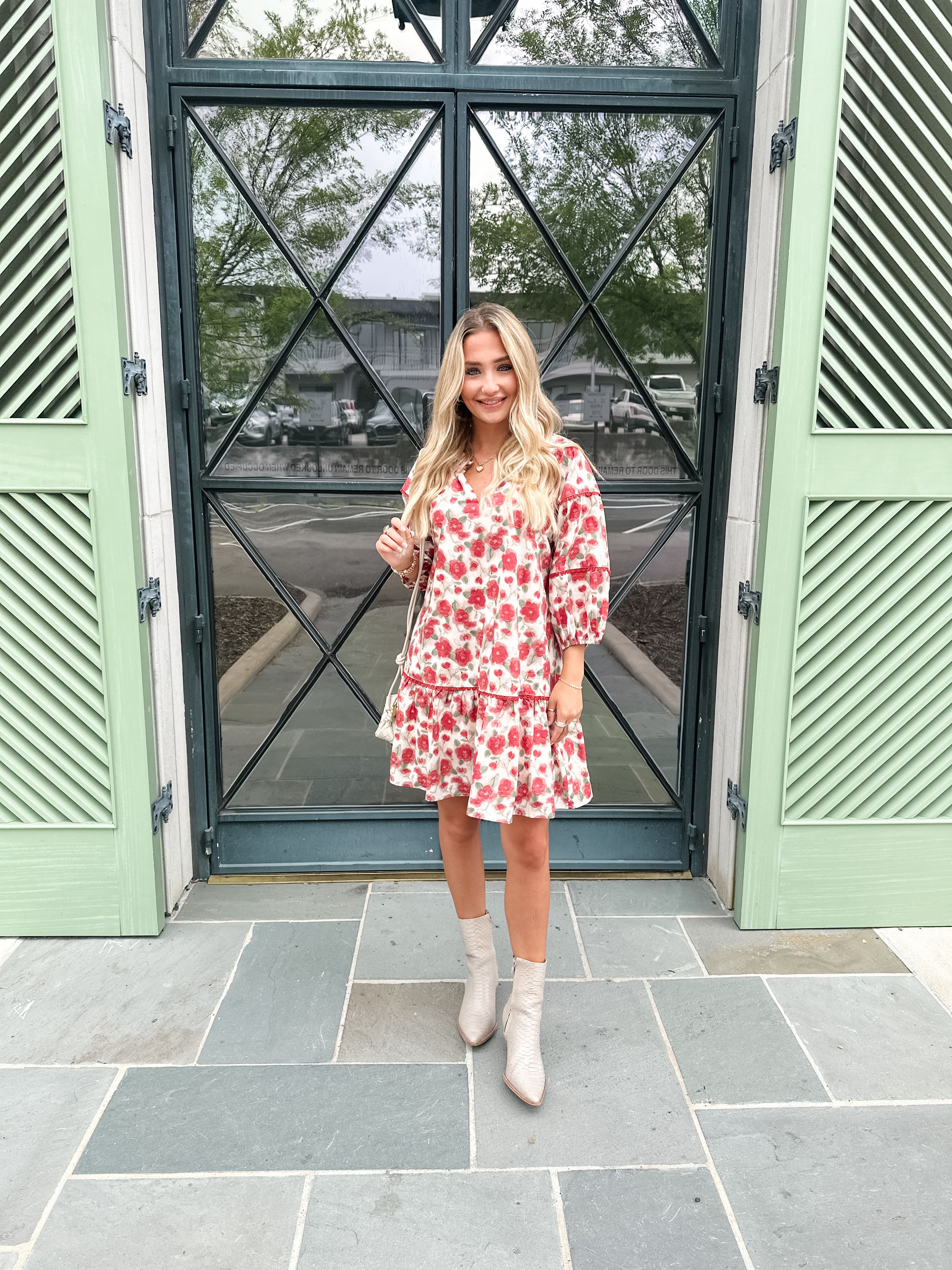 Red Floral Bubble Sleeve Dress