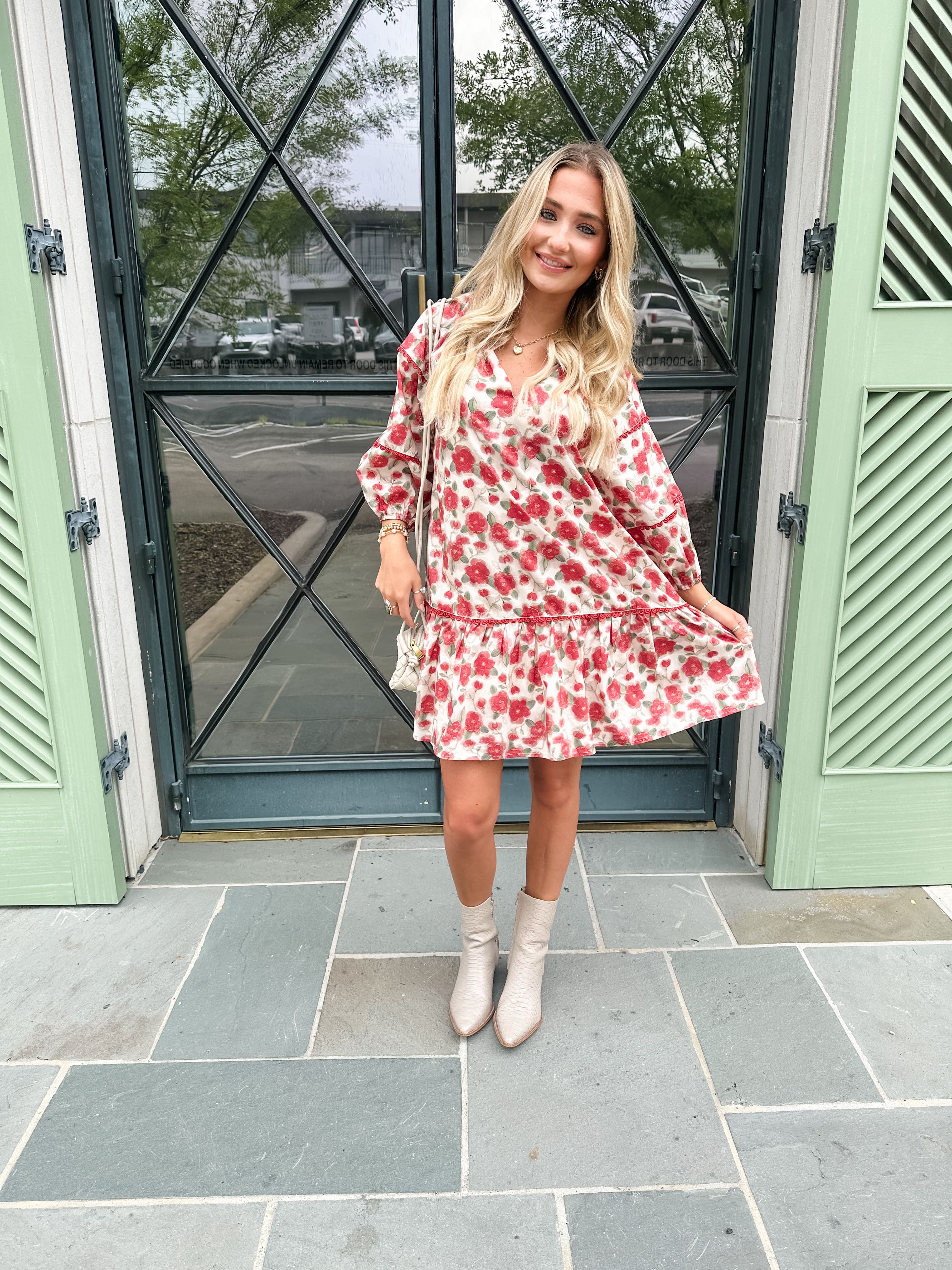 Red Floral Bubble Sleeve Dress