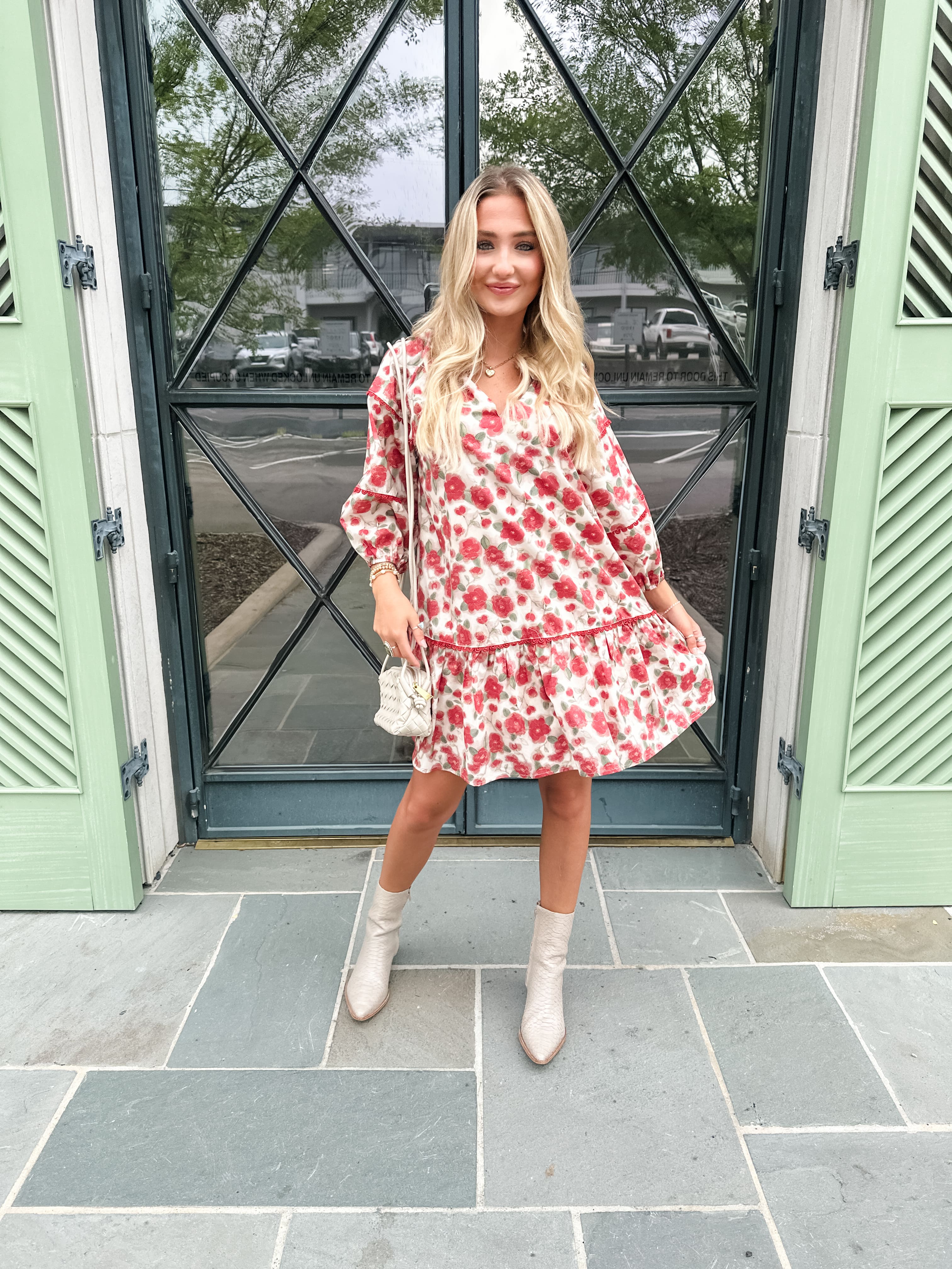 Red Floral Bubble Sleeve Dress