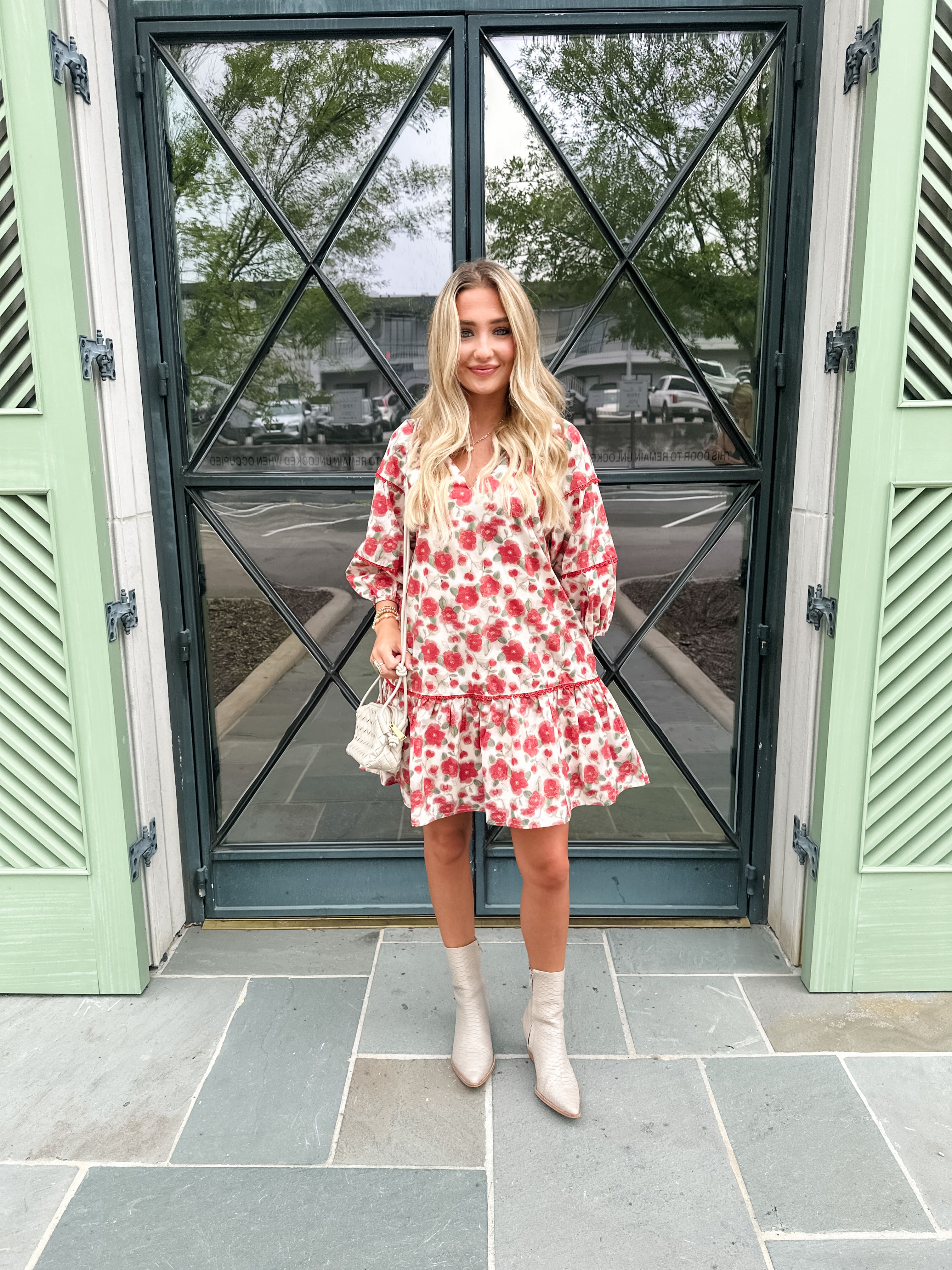 Red Floral Bubble Sleeve Dress