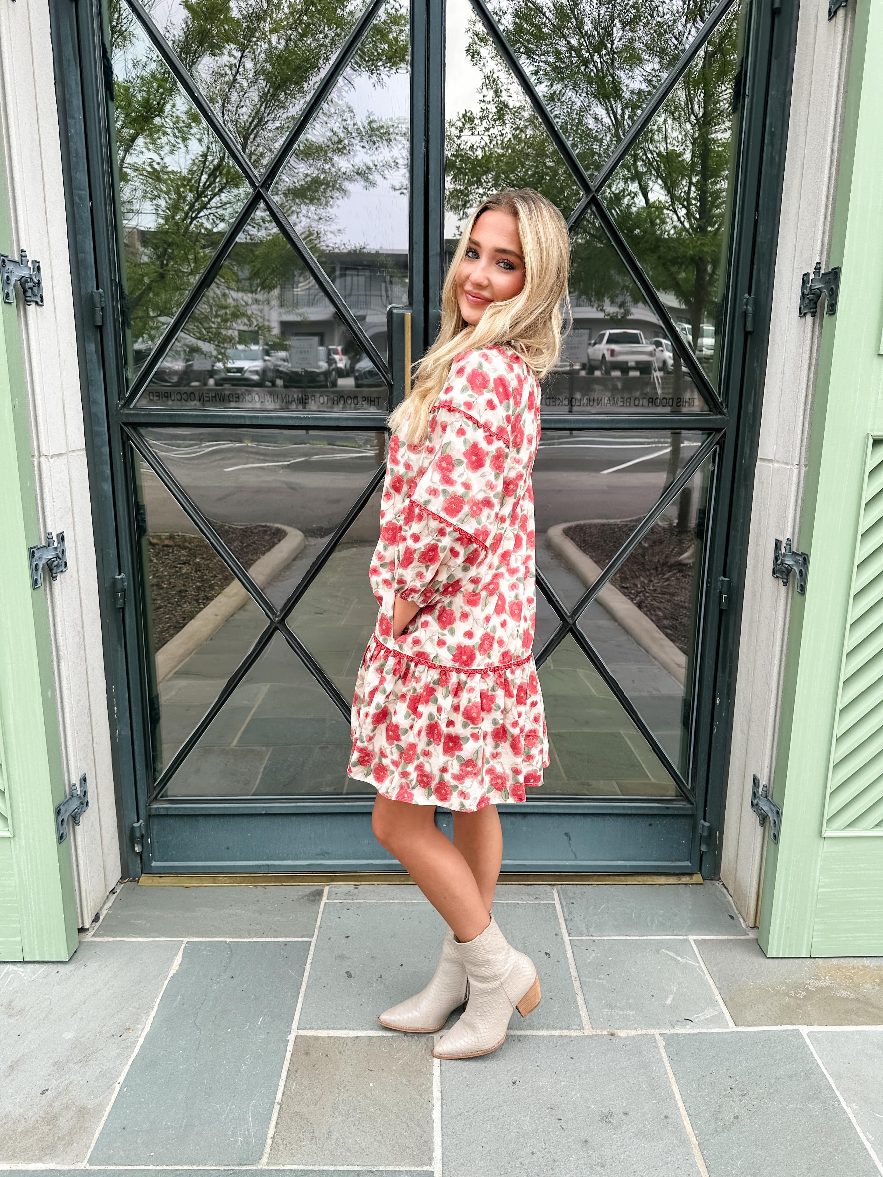 Red Floral Bubble Sleeve Dress