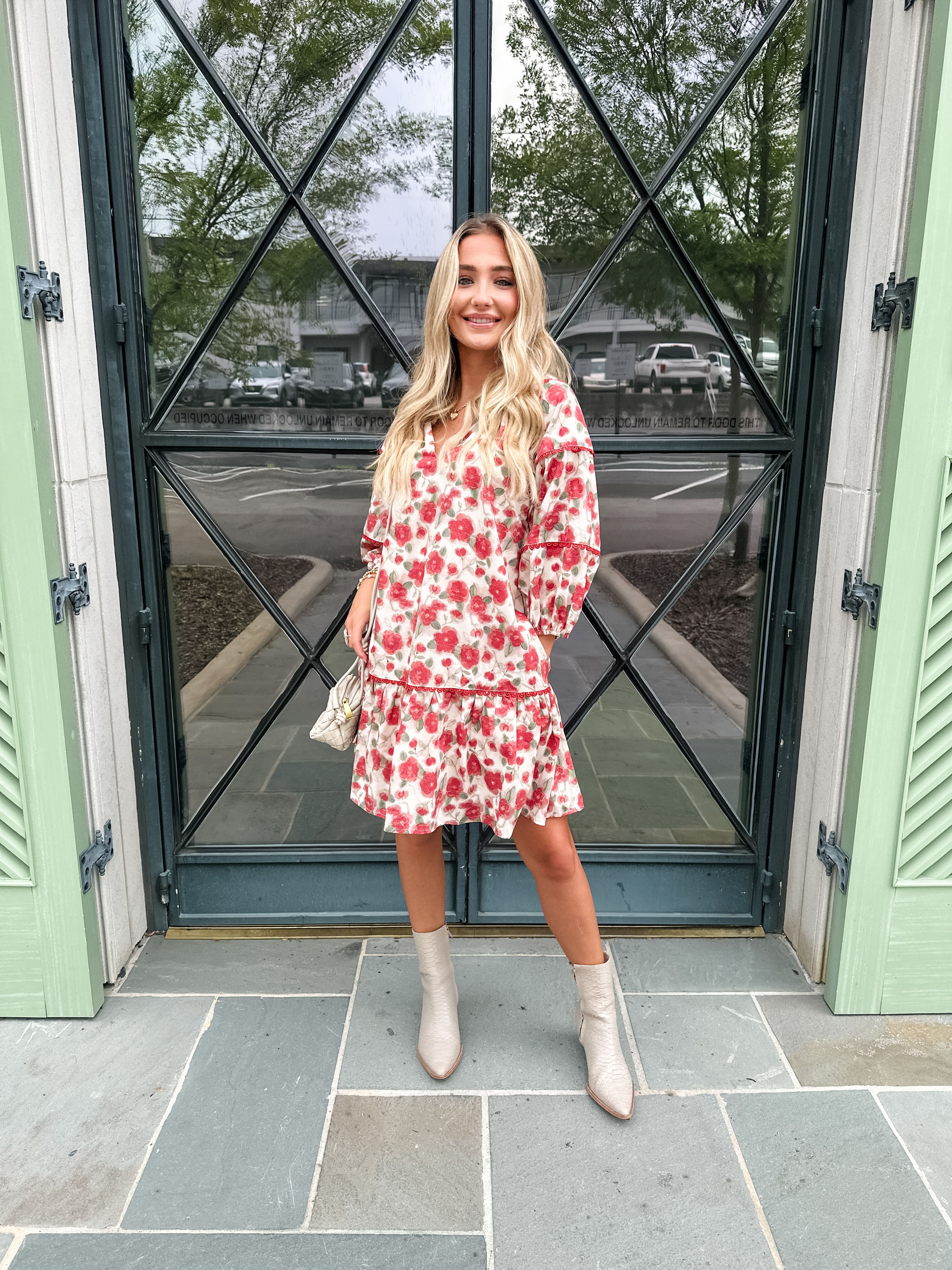 Red Floral Bubble Sleeve Dress