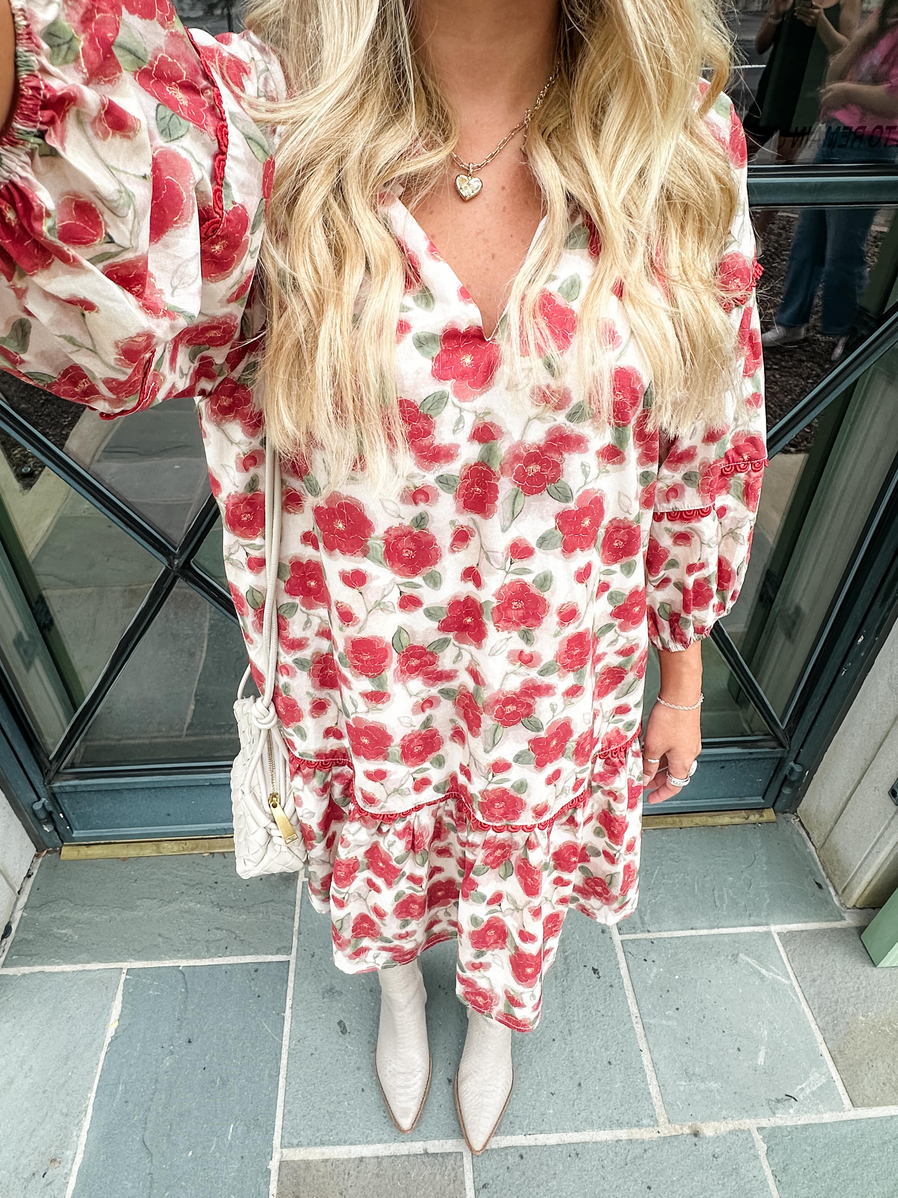 Red Floral Bubble Sleeve Dress