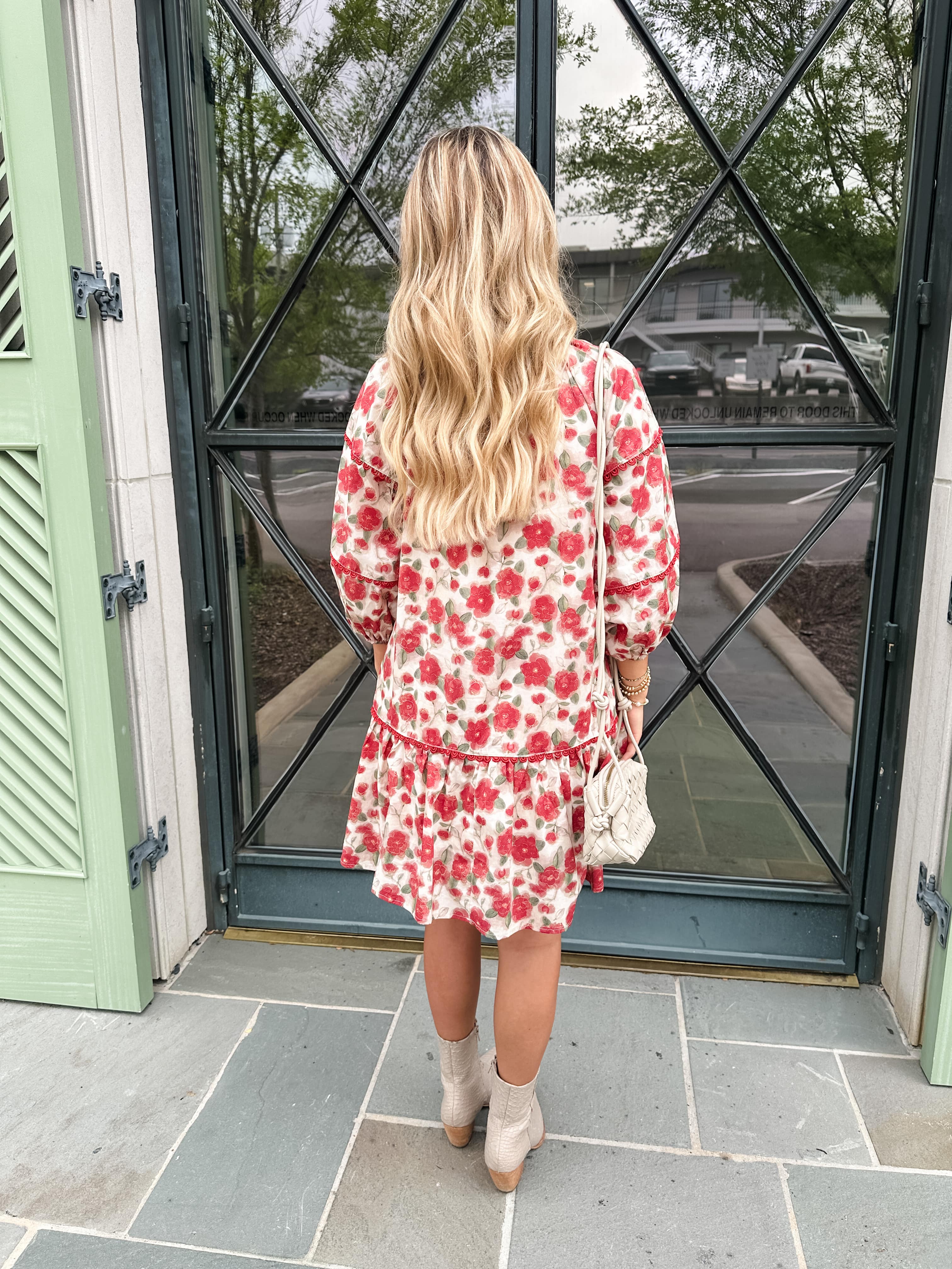 Red Floral Bubble Sleeve Dress