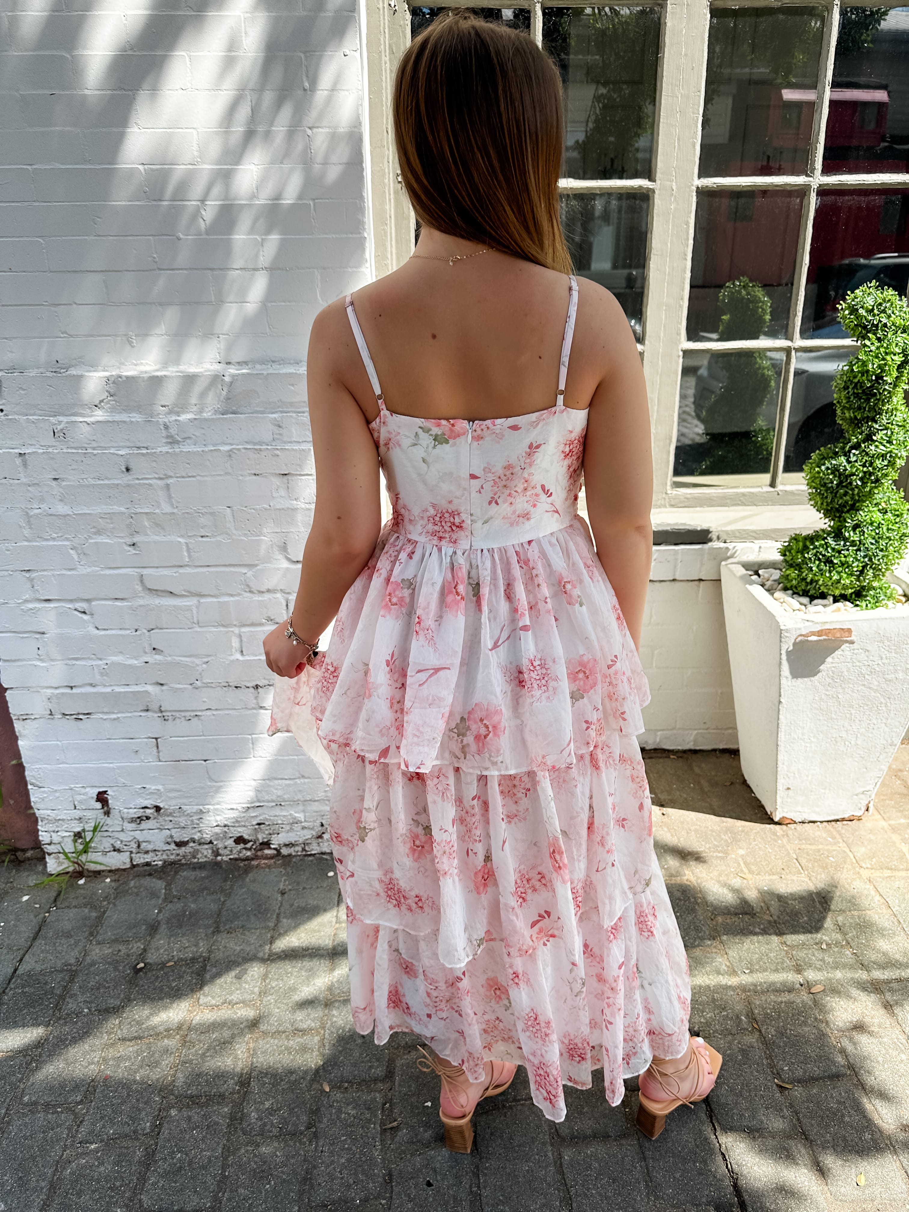 Floral Bow Front Tiered Midi Dress