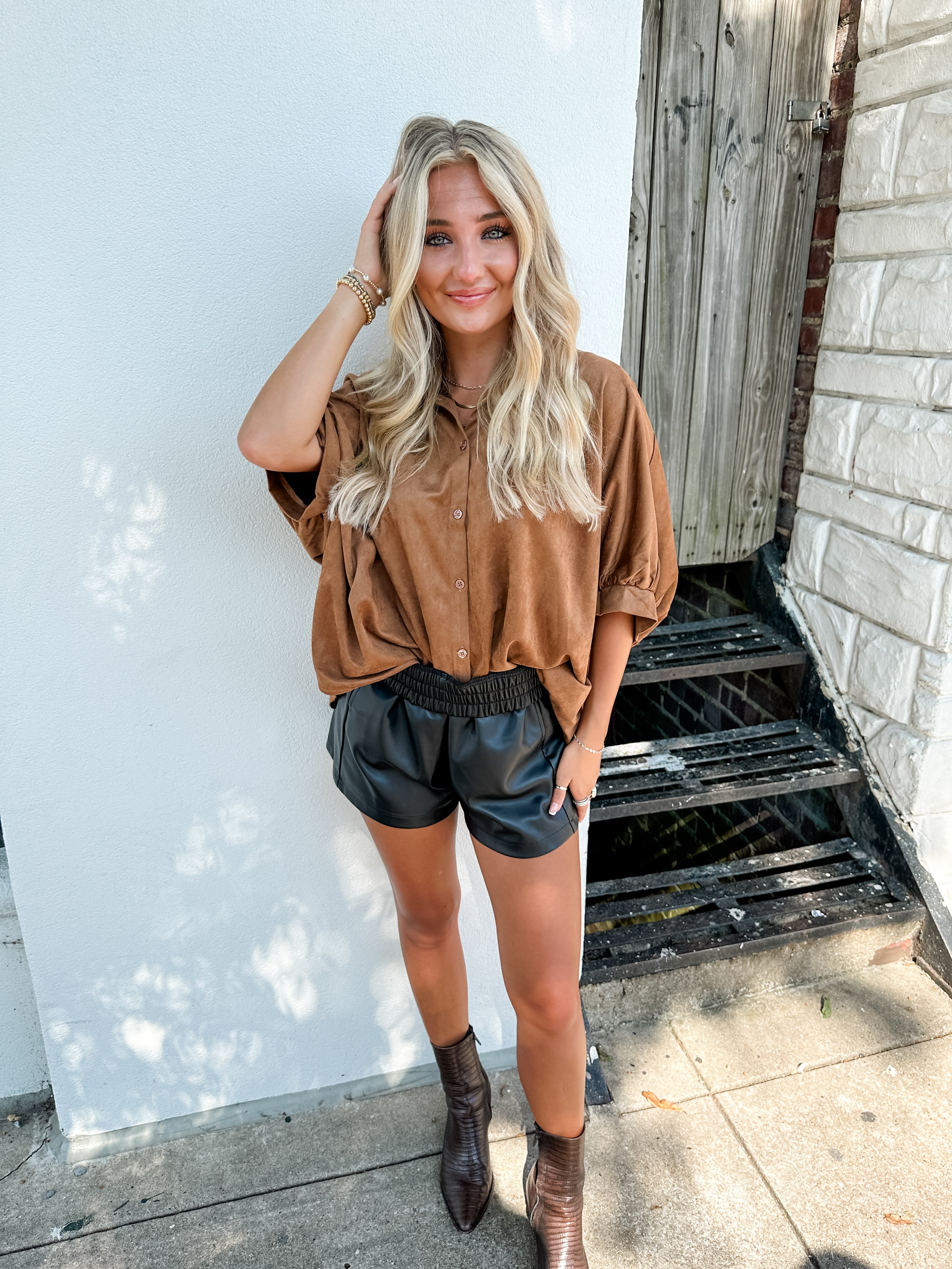 Faux Suede Button Front Top