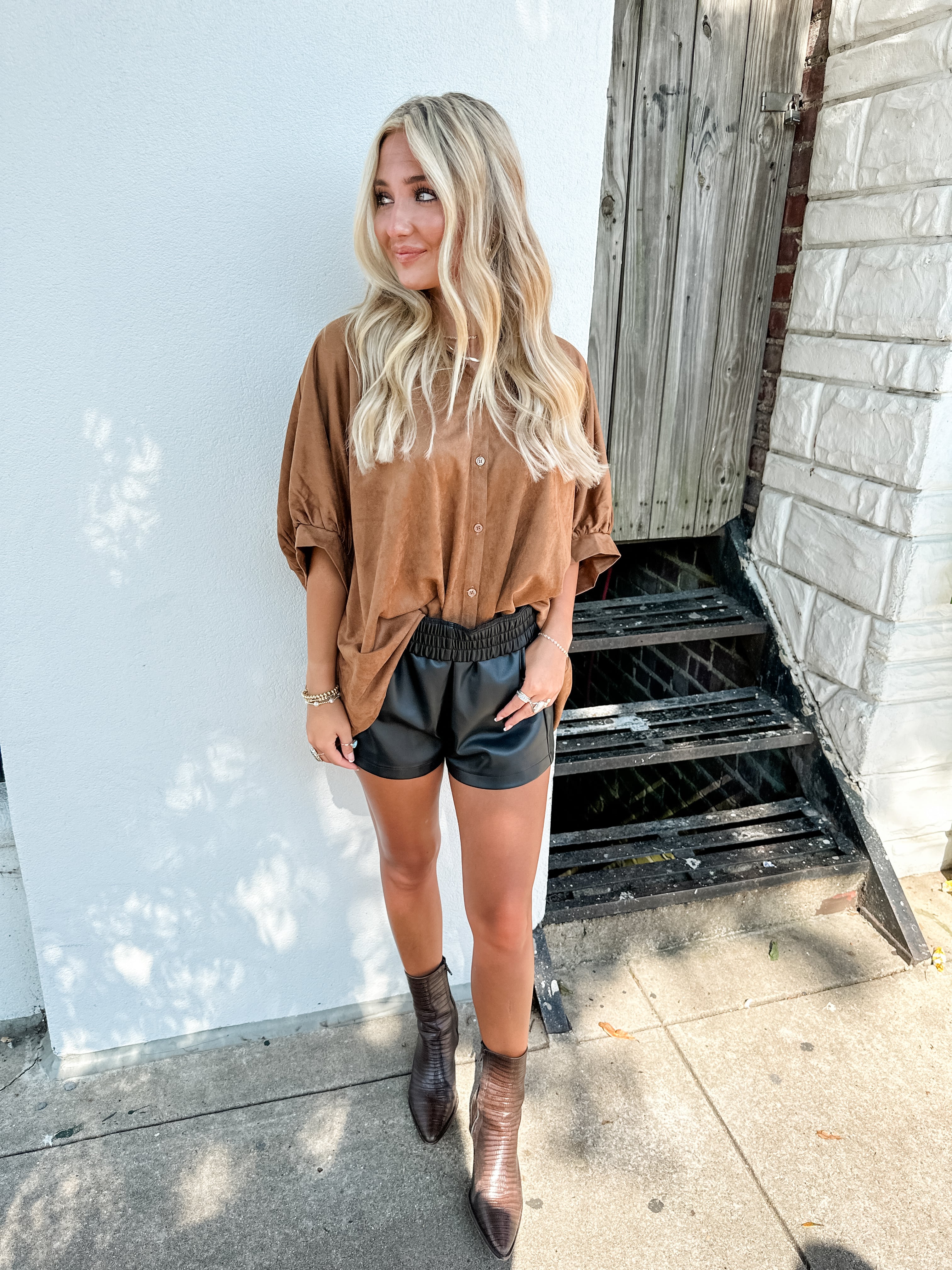 Faux Suede Button Front Top