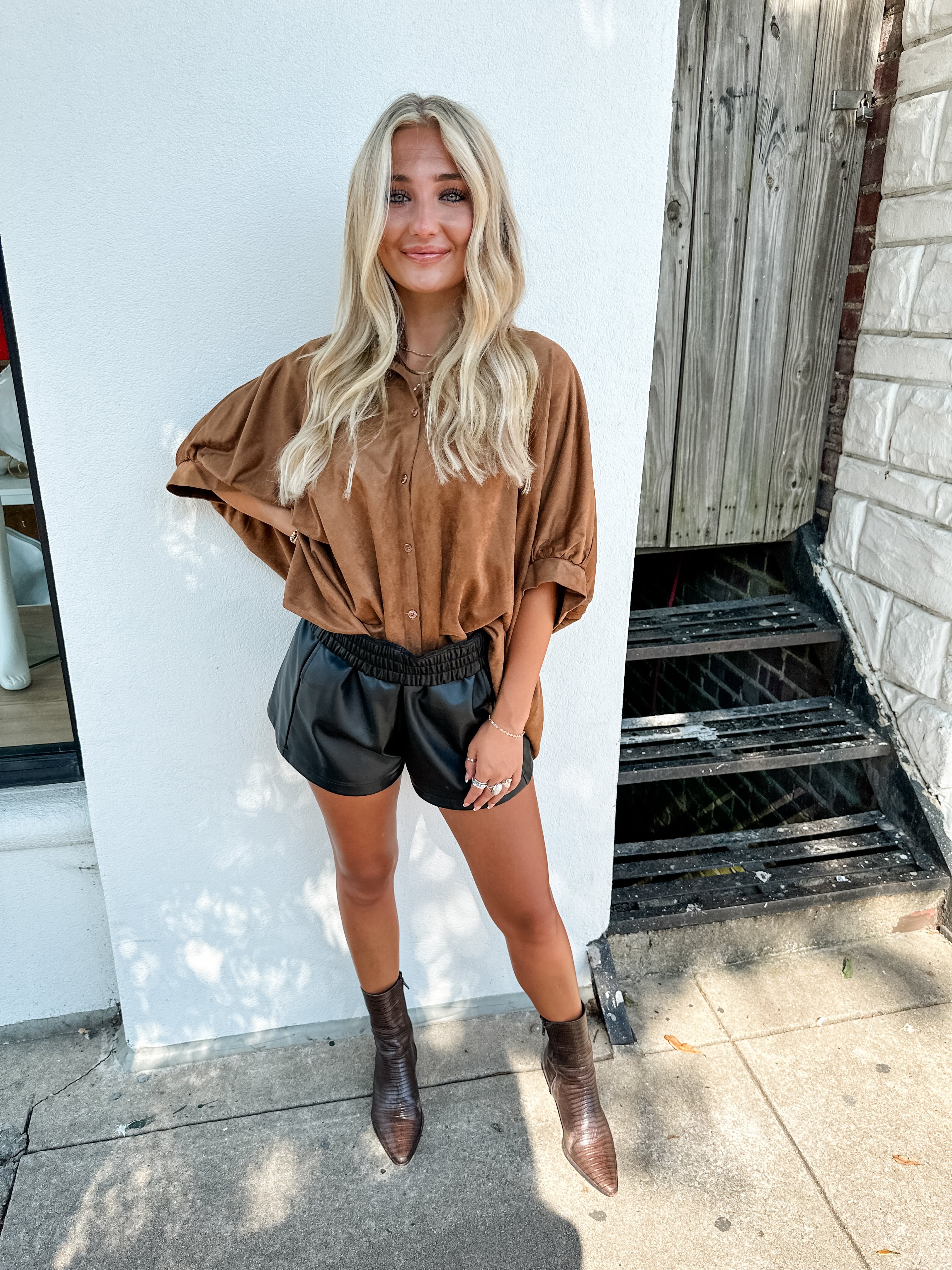 Faux Suede Button Front Top