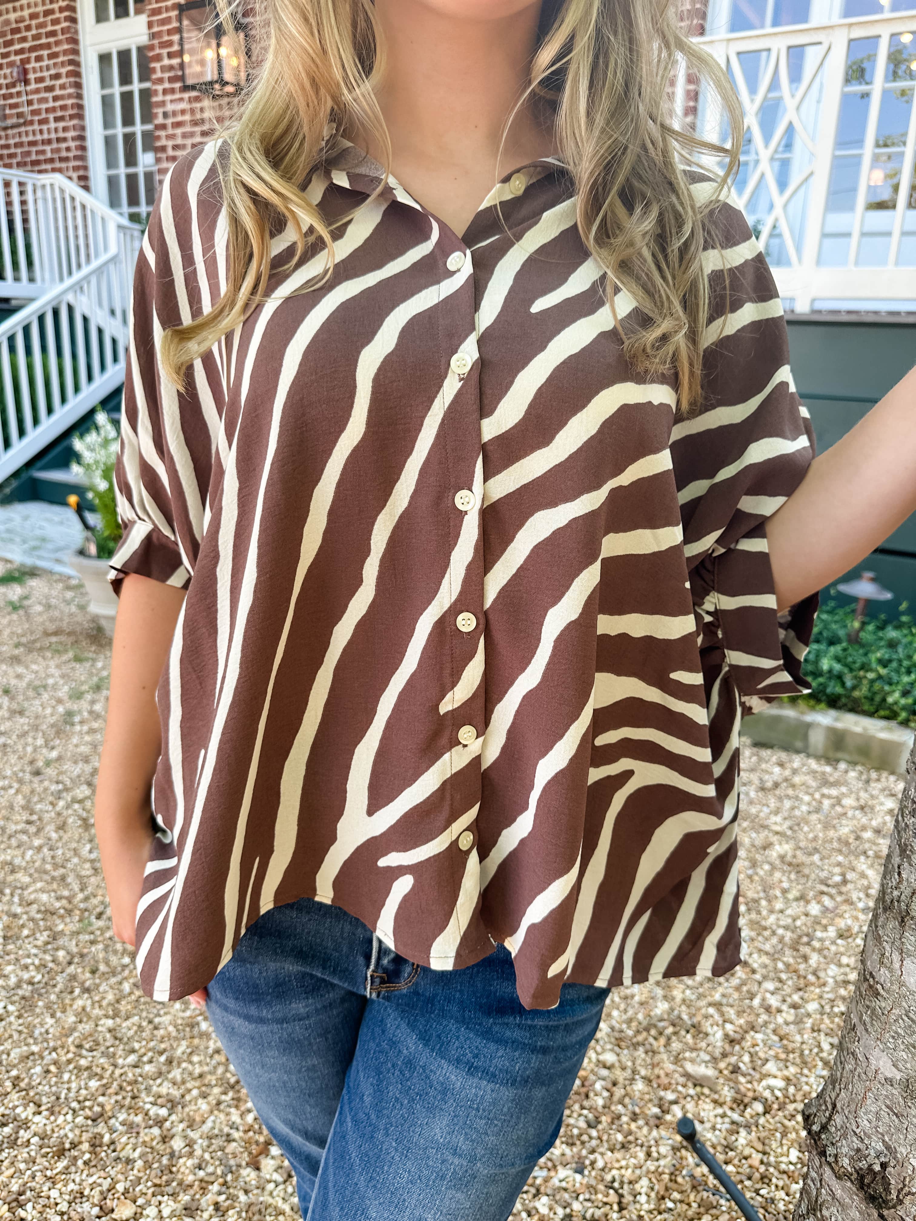 Zebra Print Button Front Top