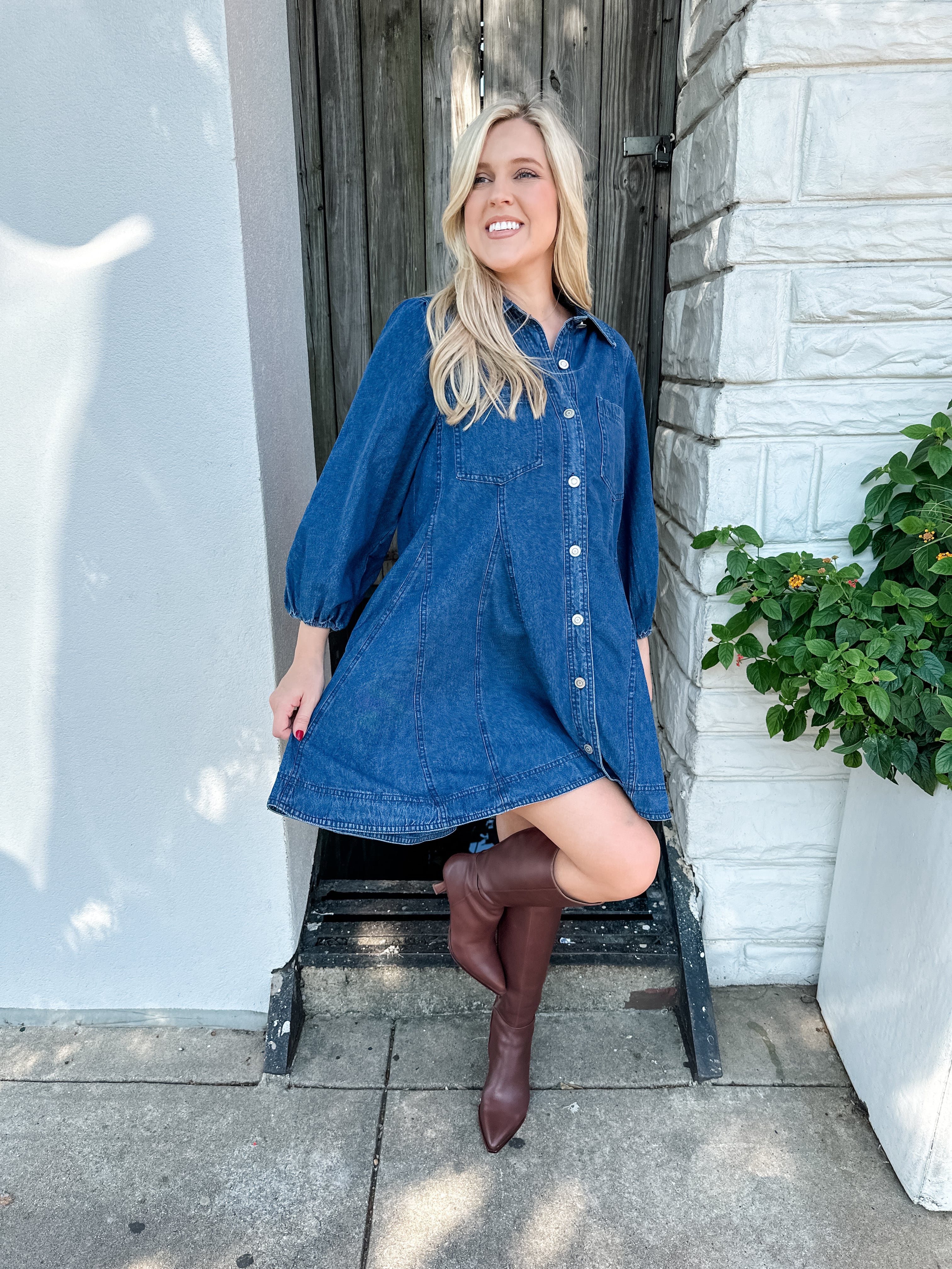 Button Front Denim Swing Dress