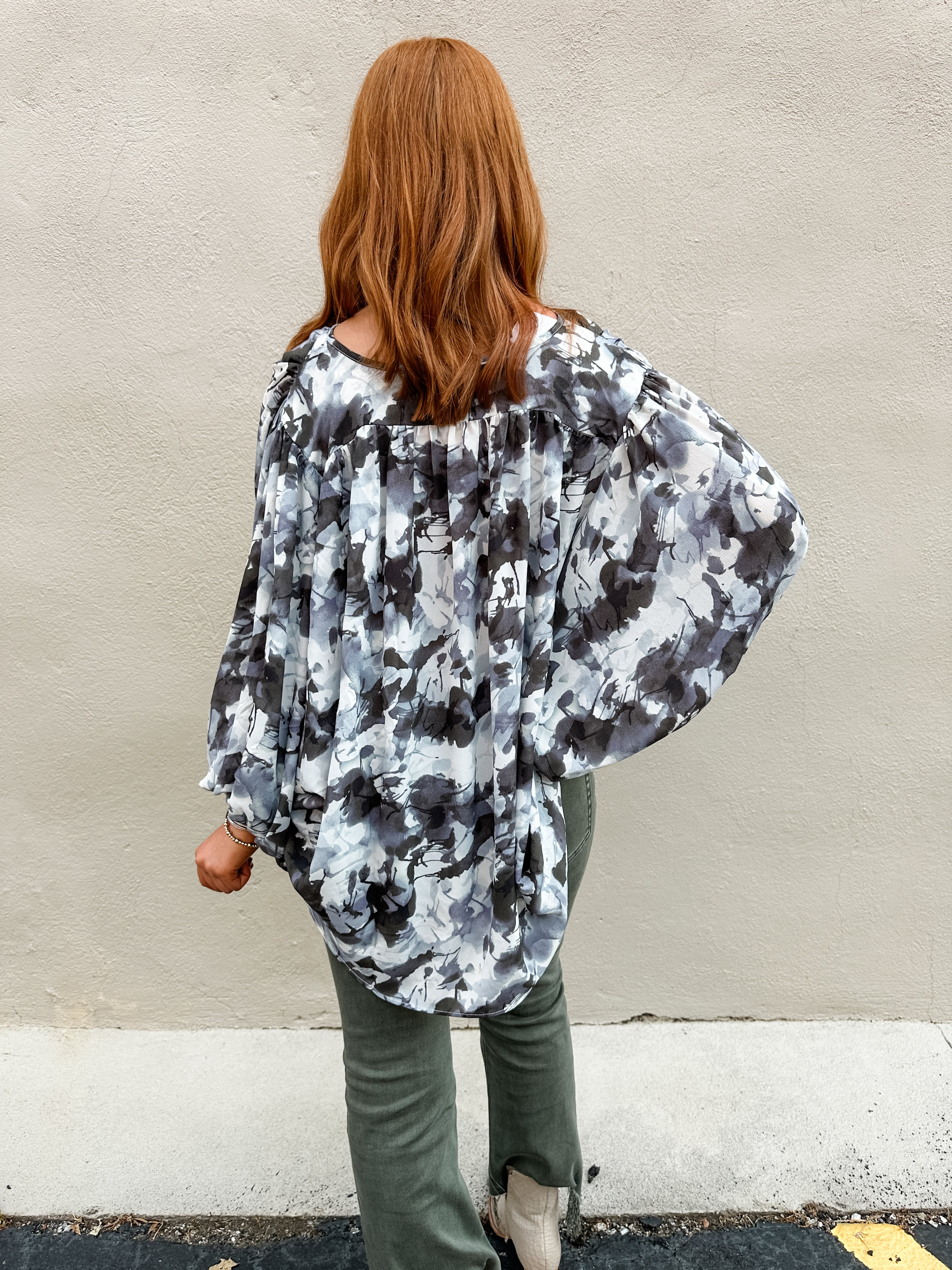 Abstract Print Tie Neck Top