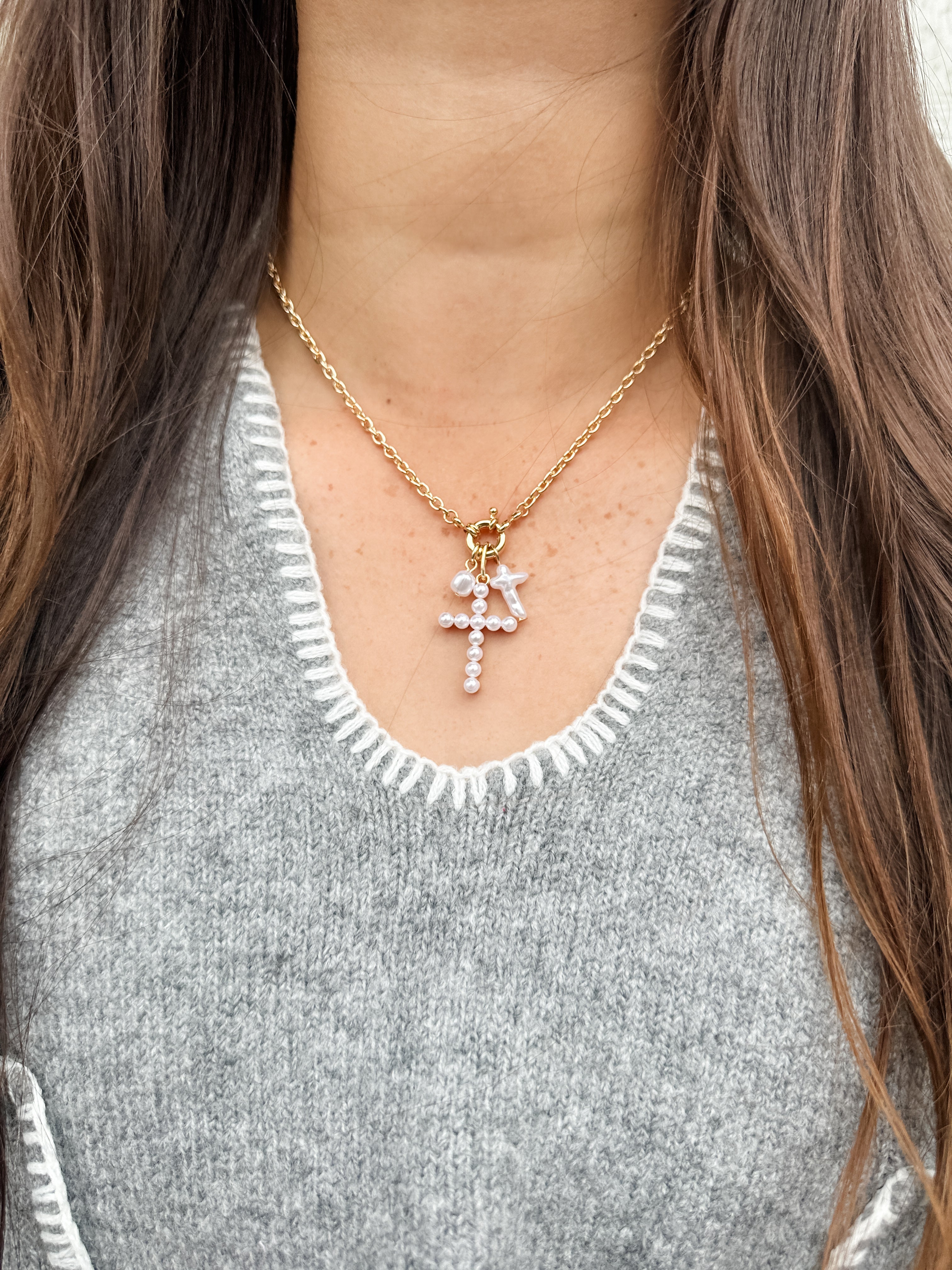 Pearl Cross Charm Drop Necklace