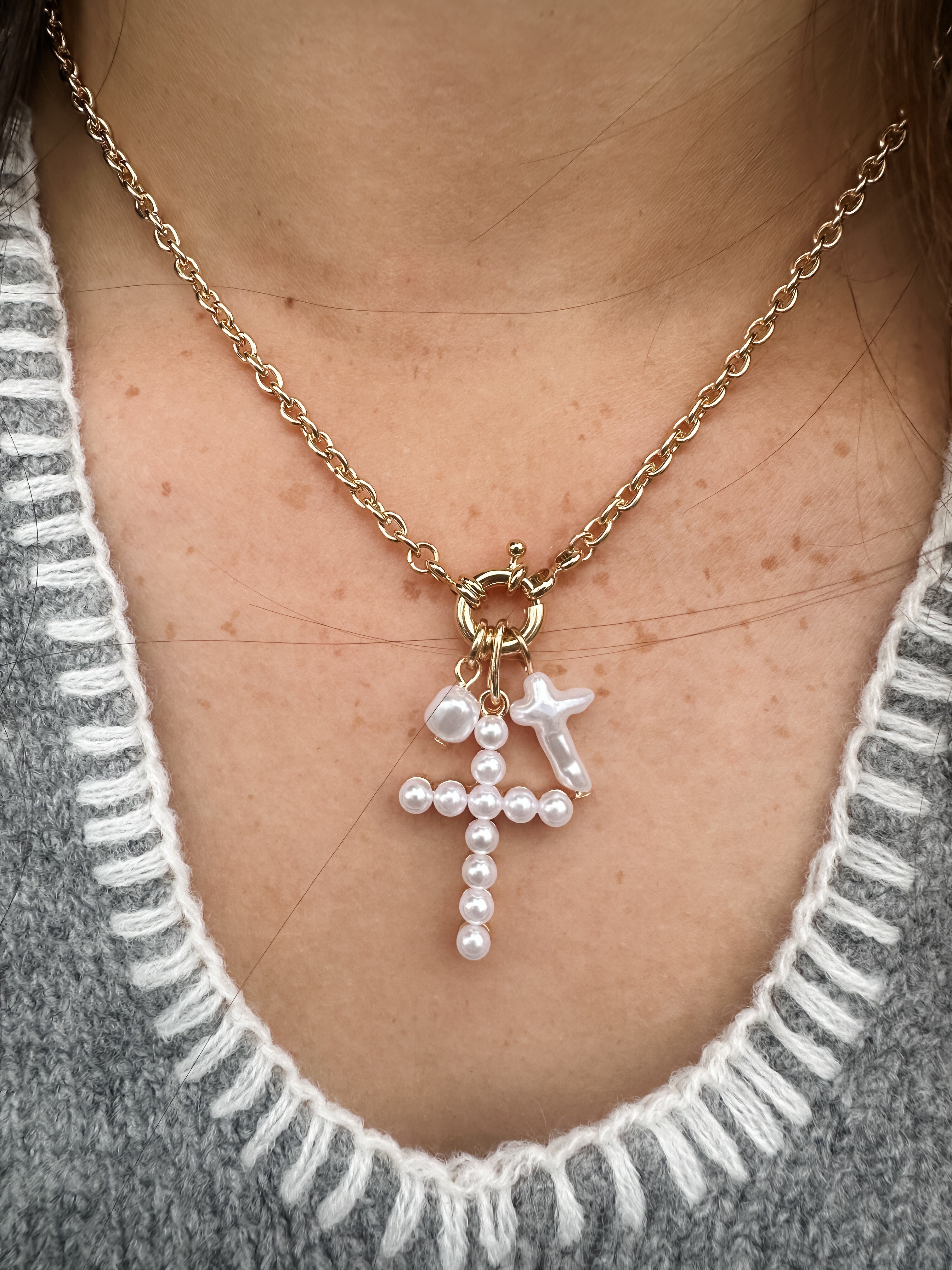 Pearl Cross Charm Drop Necklace