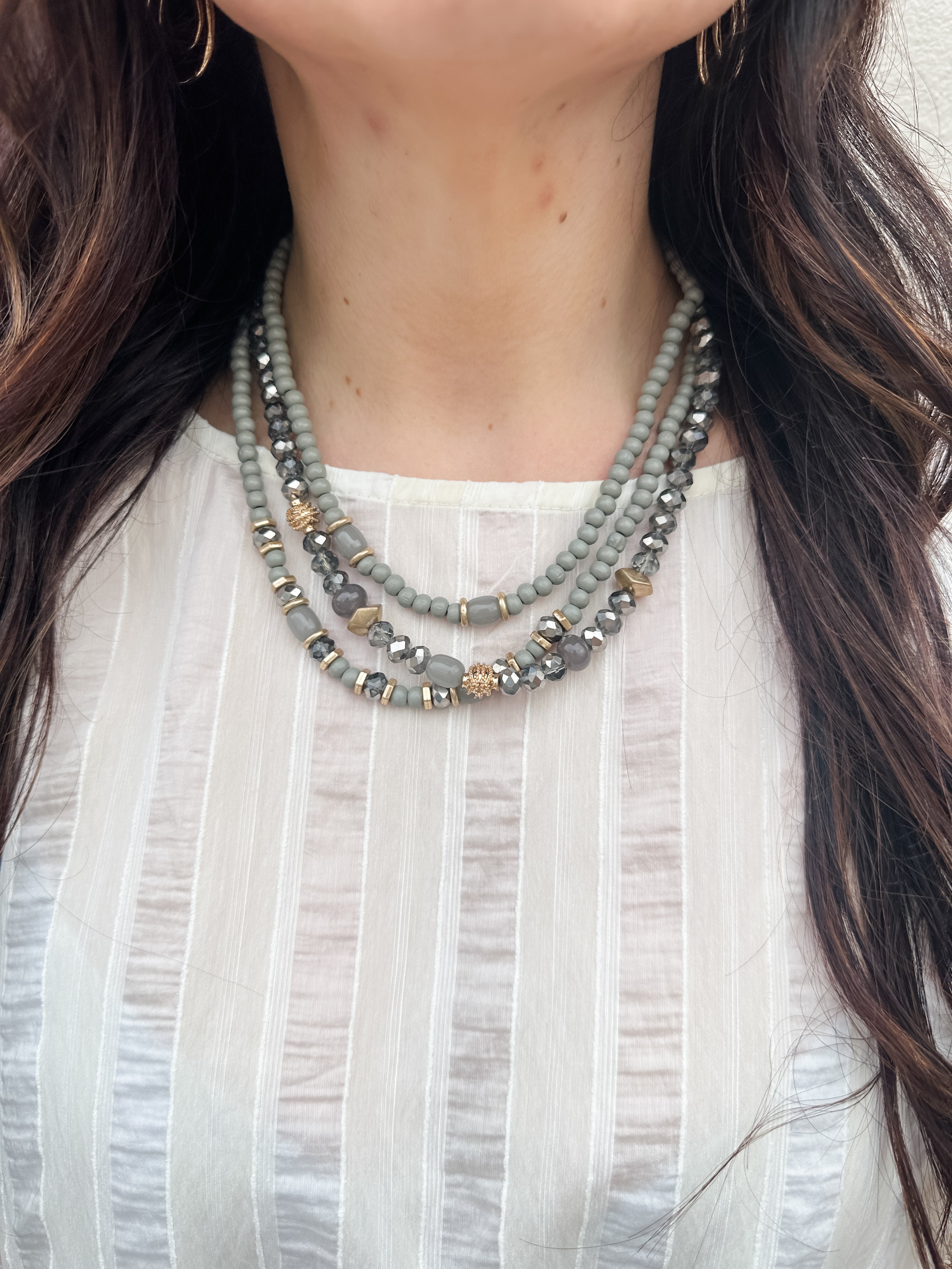 Grey 3 Layer Beaded Necklace