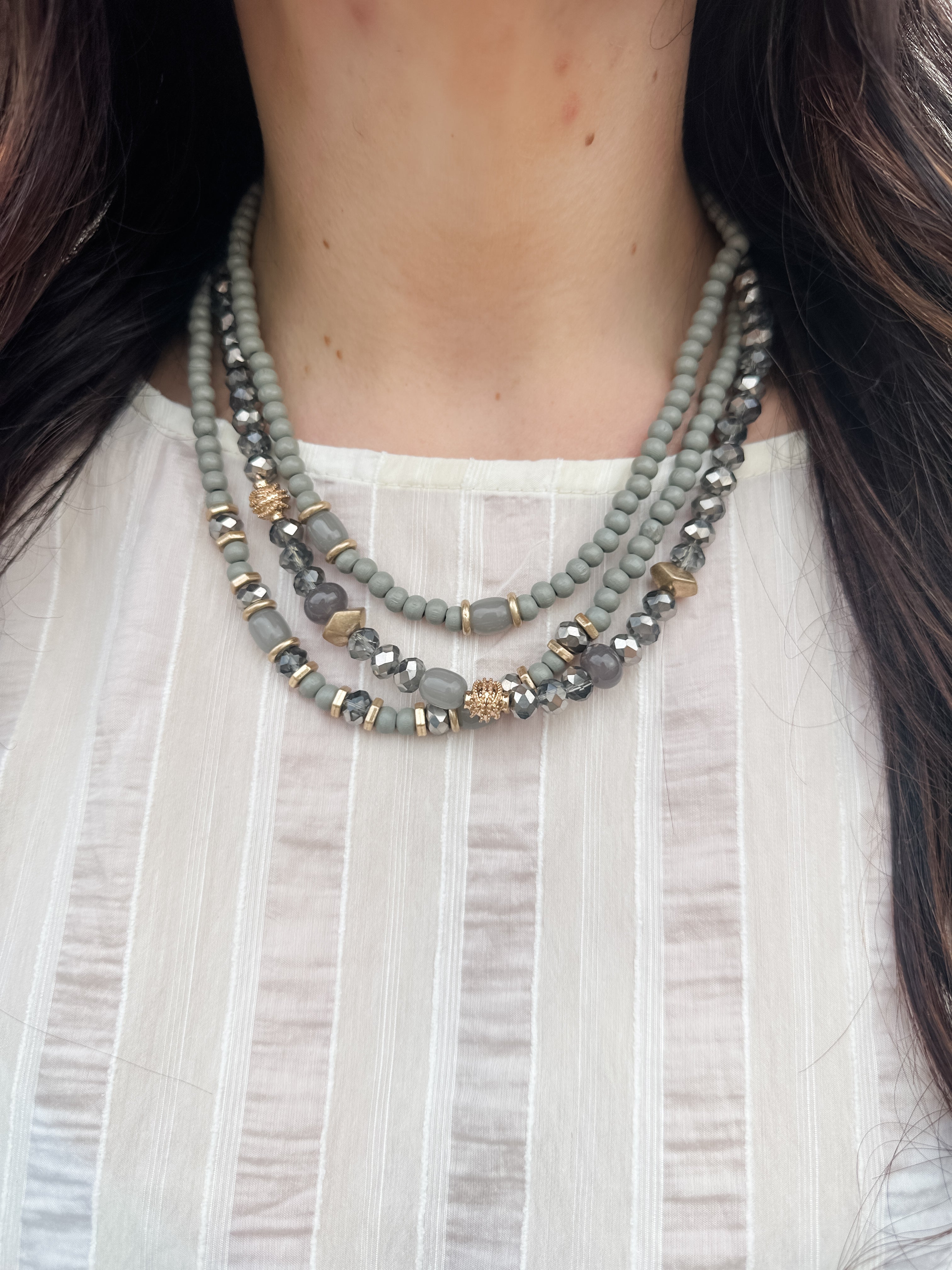 Grey 3 Layer Beaded Necklace