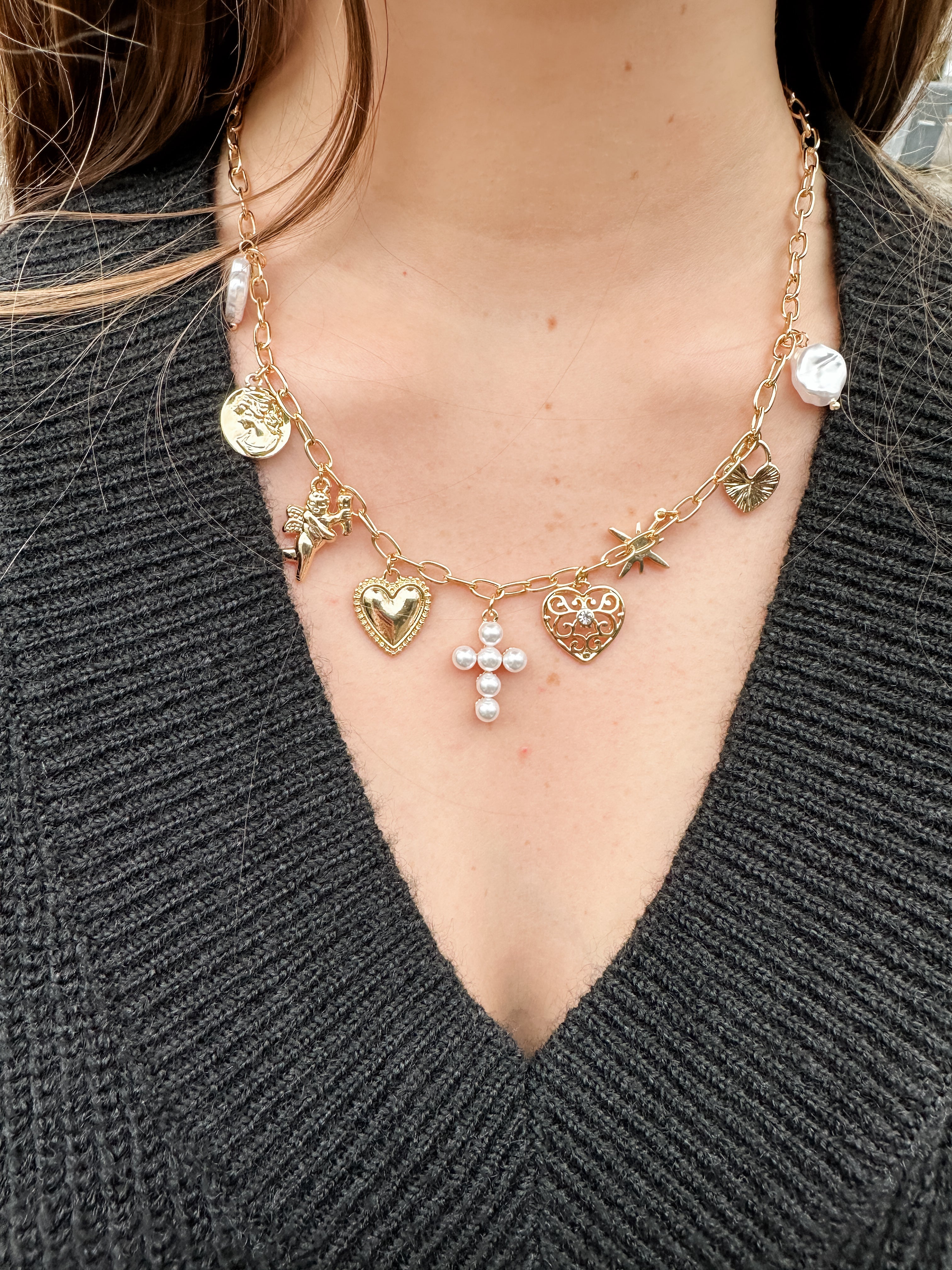 Starburst Pearl Cross Charm Necklace