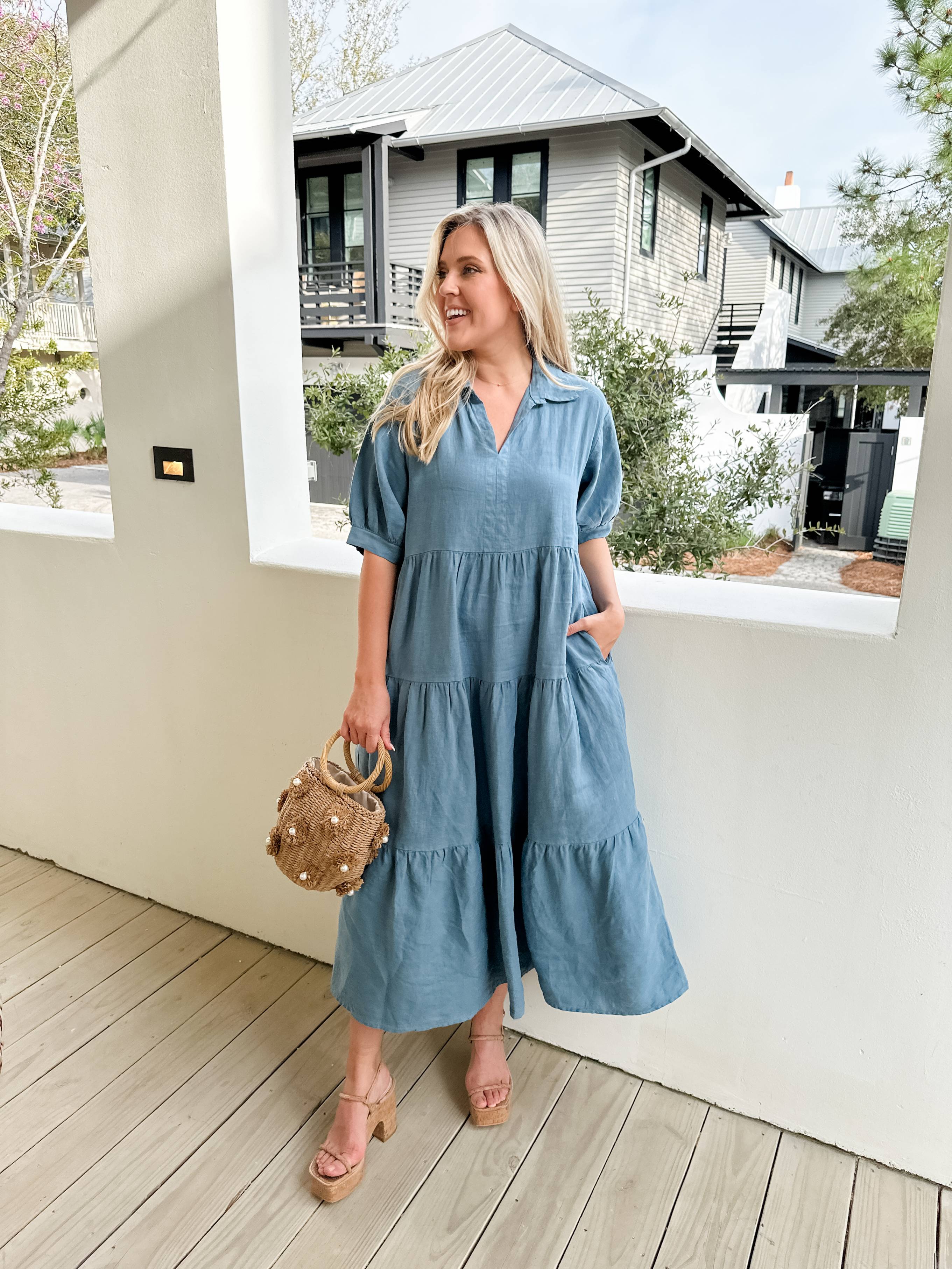 Tiered Linen Midi Dress